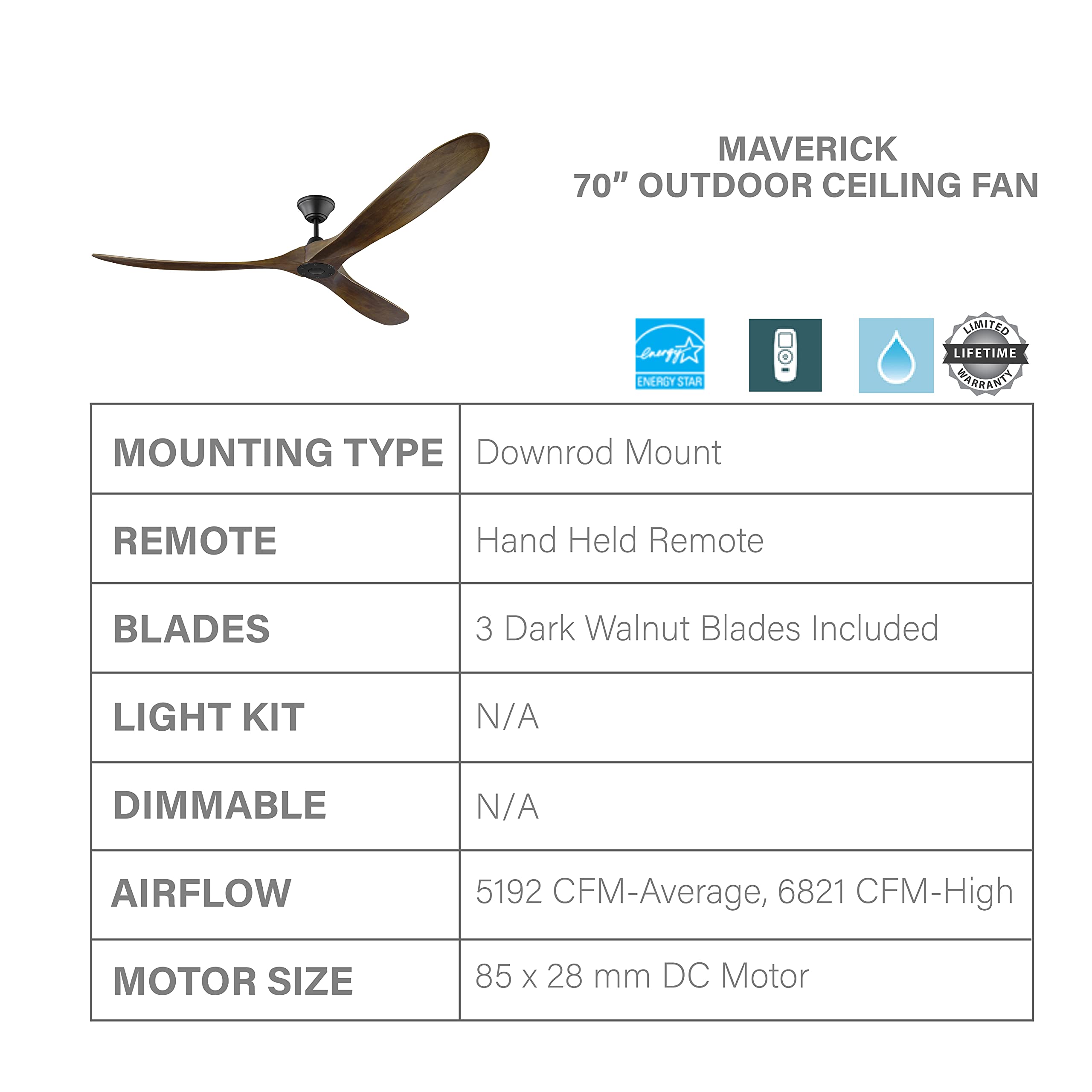 Monte Carlo 3MAVR70BK Maverick Max Energy Star 70'' Outdoor Ceiling Fan with Remote Control, 3 Balsa Wood Blades, Matte Black