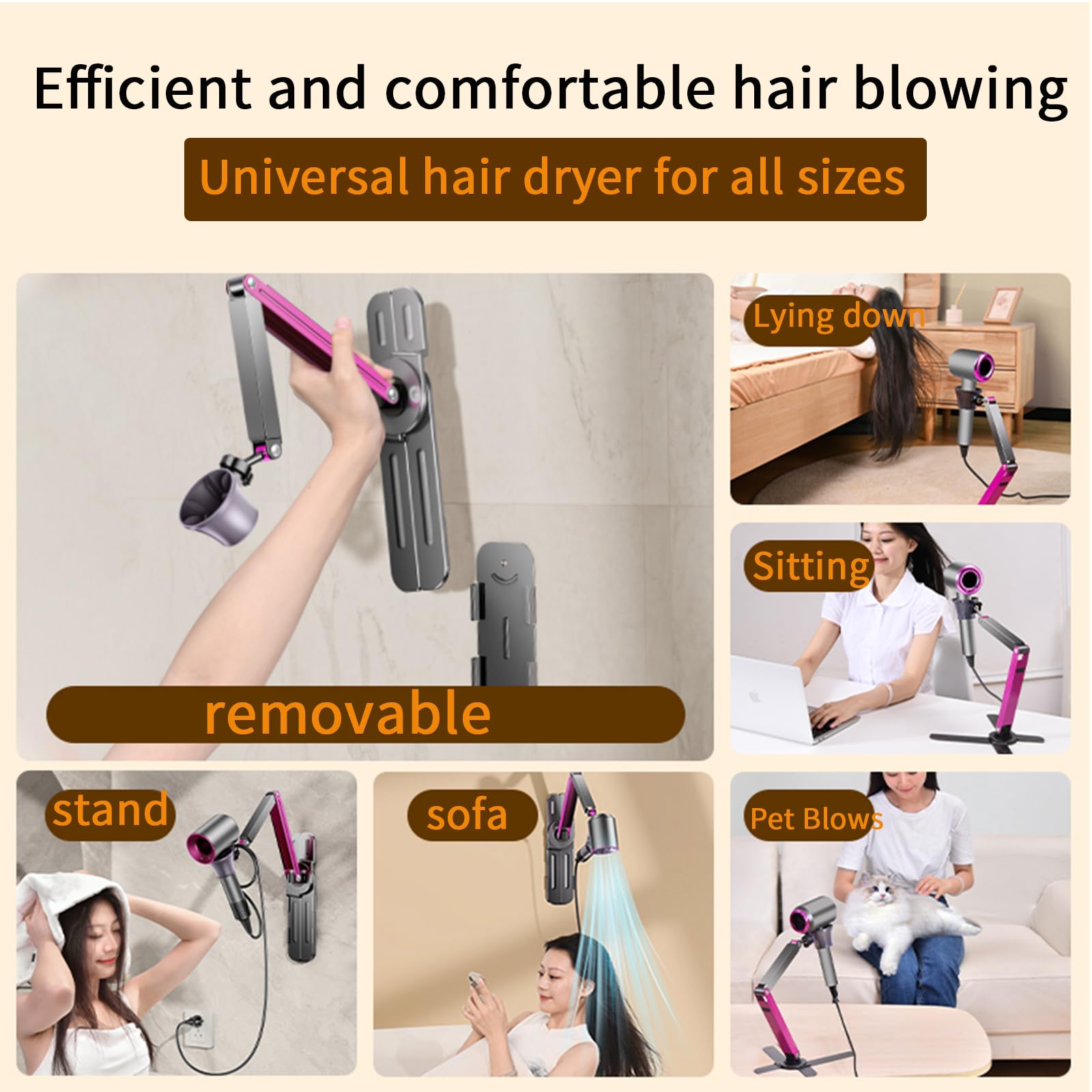 Blissfuhue Adjustable blow dryer holder wall mounted storage，Hands-Free bathroom blow dryer holder，height angle，metal material Compatible with 90% hair dryer hanger, suitable for countertop use