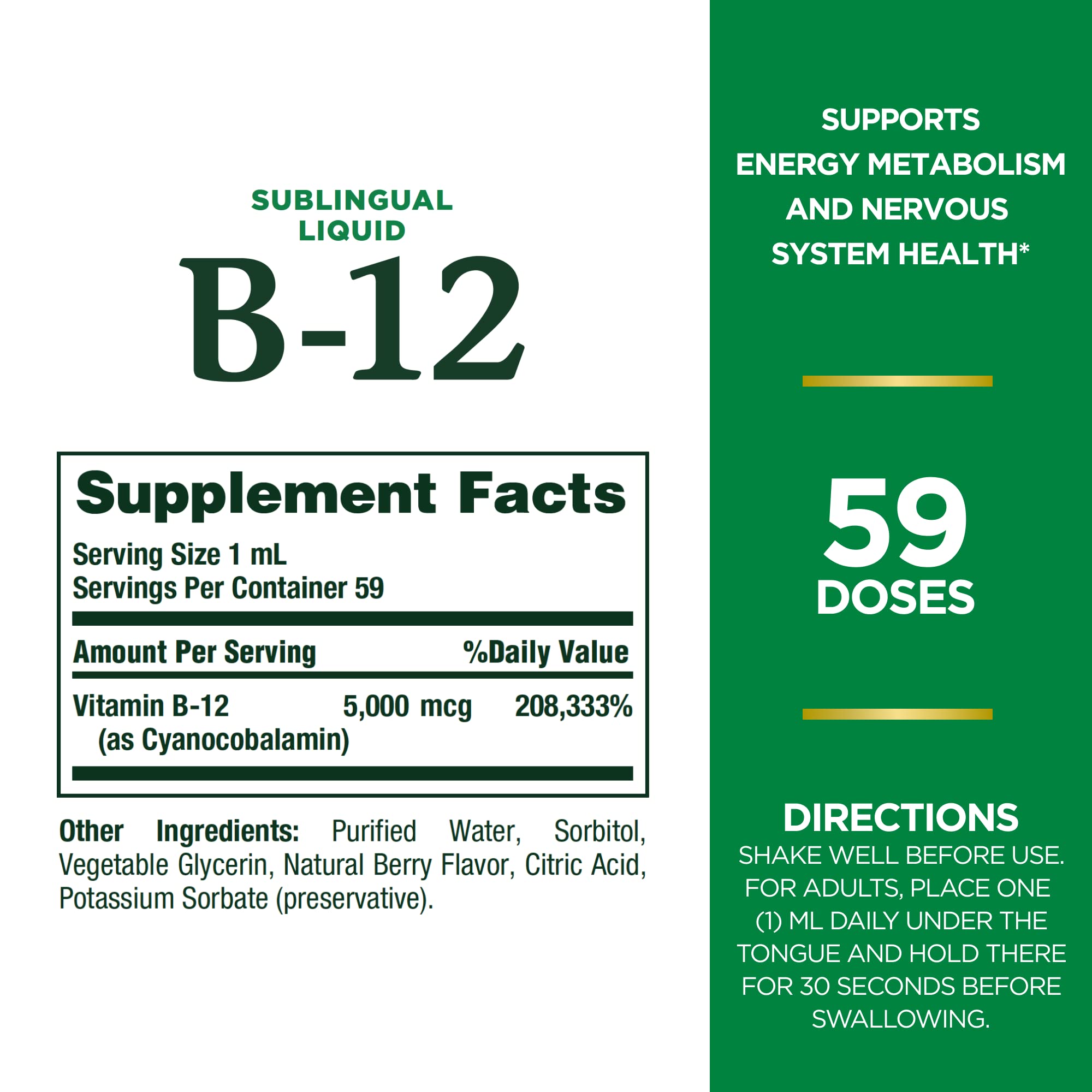 Nature's Bounty Vitamin B12 5000 Mcg Sublingual Liquid, Cardiovascular Health & Cellular Energy Support, 2 Fl Oz (1 Count)