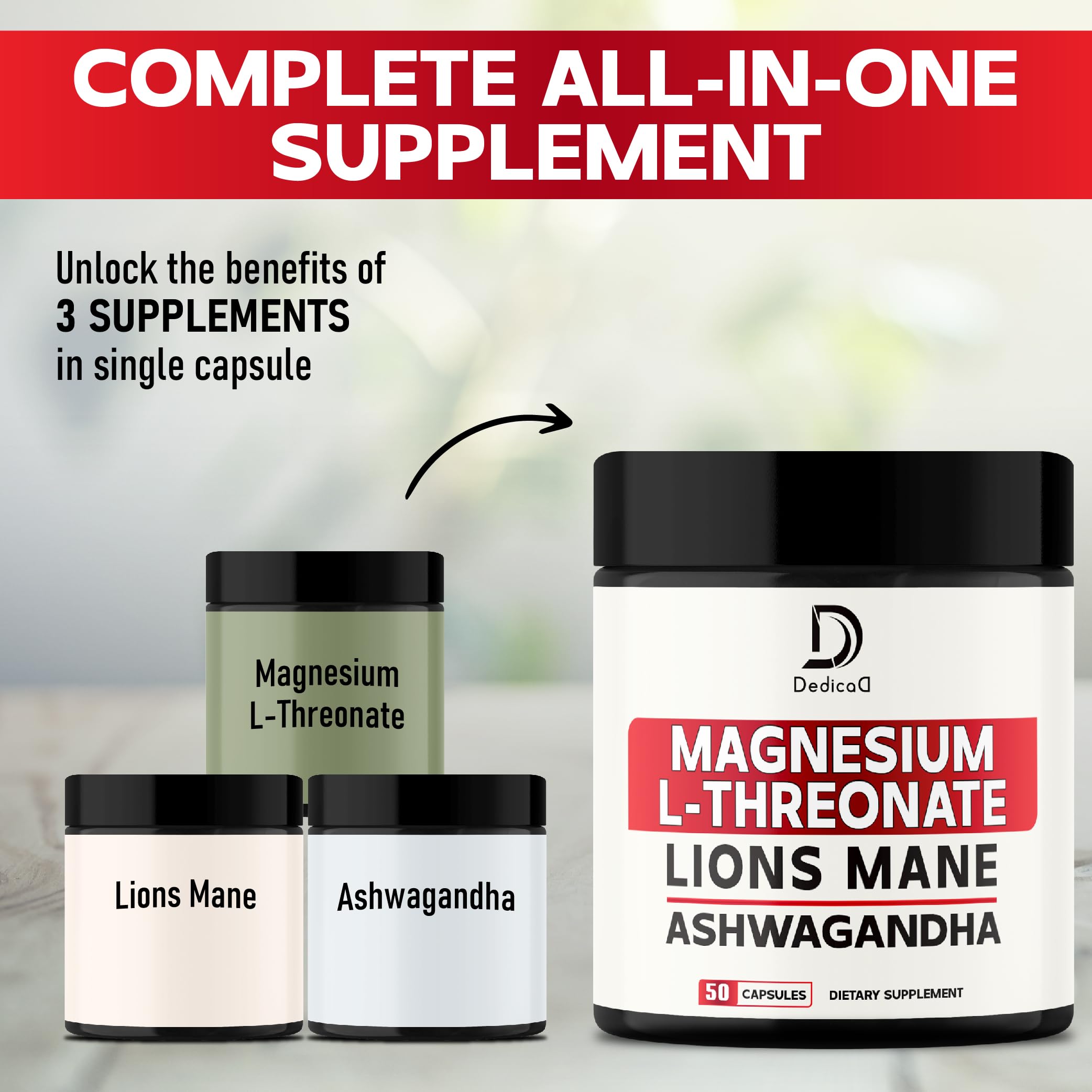 2 Packs 50 Capsules - Magnesium L-Threonate Supplement with Lions Mane & Ashwagandha Root - 1000Mg Per Serving - Advanced Formula Support