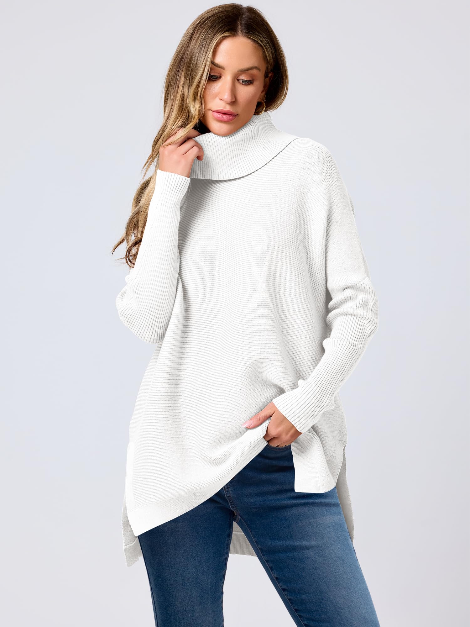 ANRABESS Women's Oversized Turtleneck Batwing Sleeve Spilt Casual Loose Knit Tunic Pullover Sweater Tops 2024 Fall Outfits White Medium