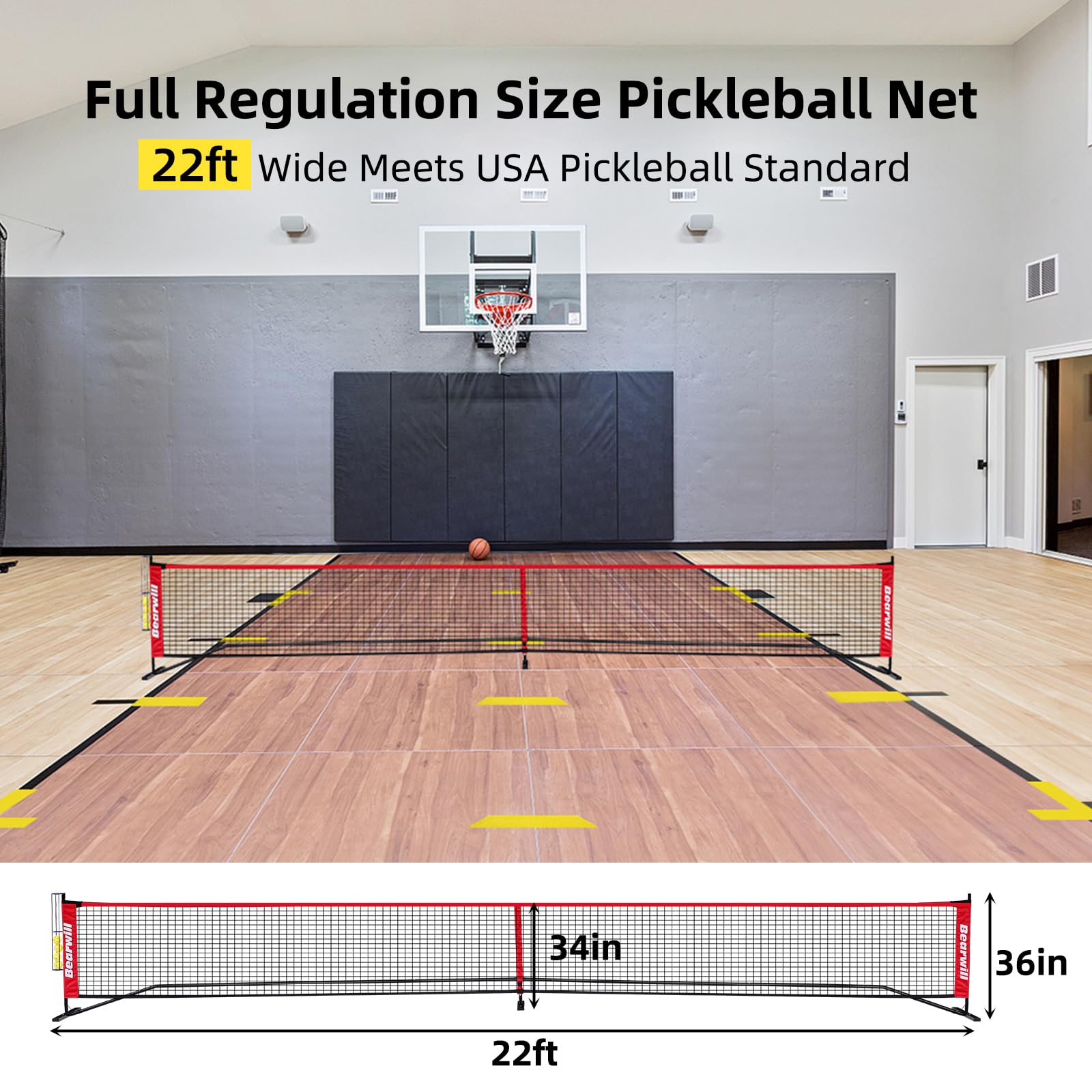 Bearwill Pickleball Net, 22 FT Regulation Size Portable Pickleball Net, Pickle Ball Net with Exclusive Ball Holder, Court Marker, 4 Pickleballs & Carry Bag, Pickle Ball Net for Outdoor Indoor Driveway