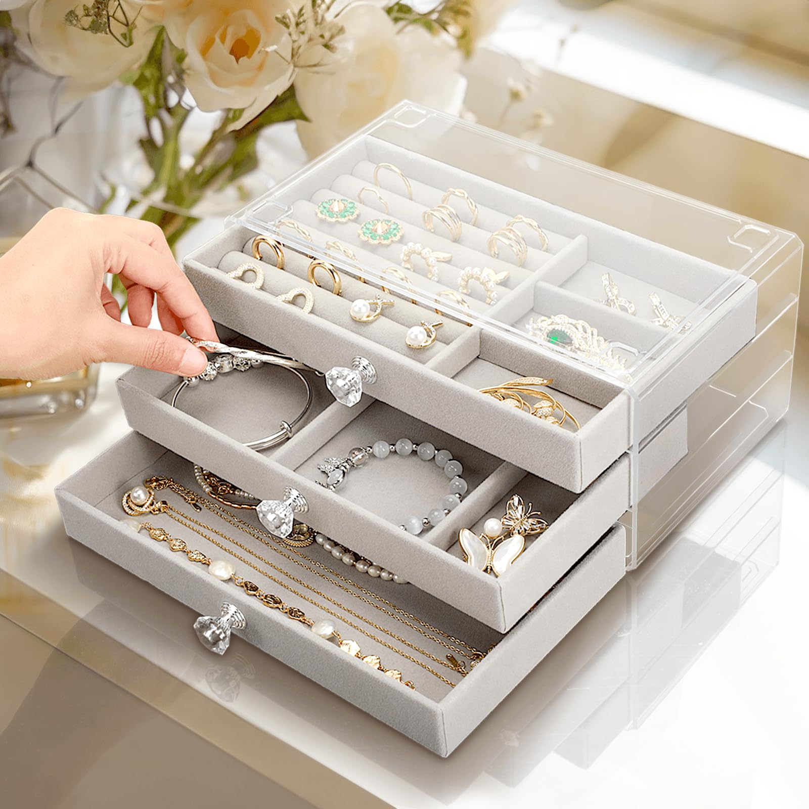 coobest Jewelry Box, 3 Drawer Jewelry Holder Organizer, Jewelry Boxes & Organizers with Earring Organizer, Jewelry Holder Box, Clear Jewelry Organizer Box for Jewelry Storage, Mothers Day Gifts