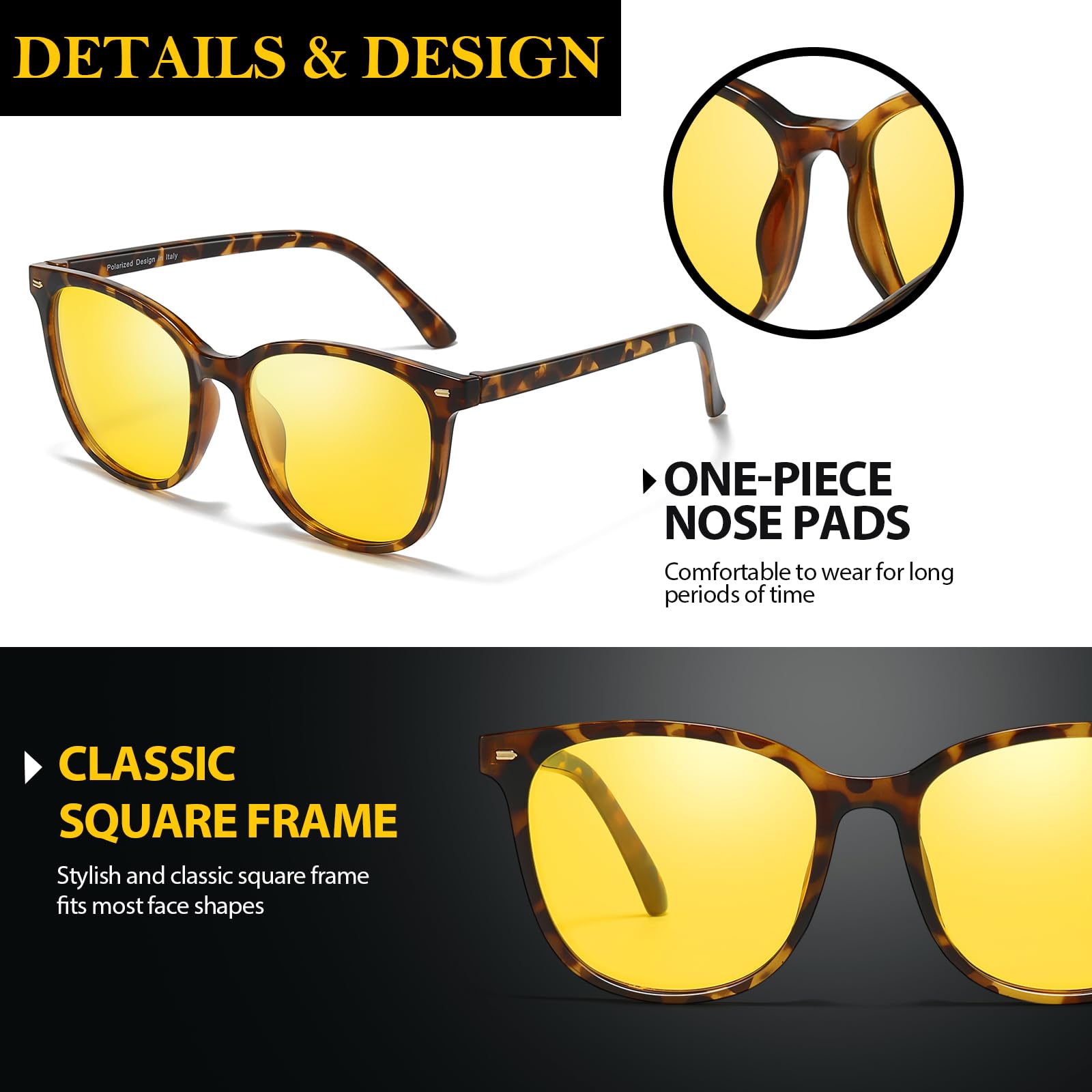 TJUTR Night Vision Driving Glasses for Women Men, Polarized Yellow Lens Anti Glare, Safety Nighttime & UV Protection TN2551