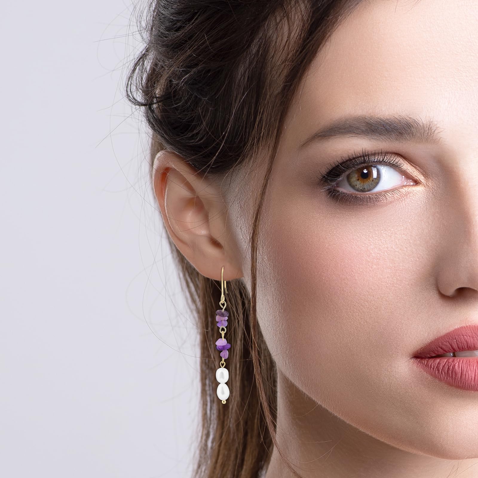 Gold Plated Amethyst Earrings Pretty Purple Earrings Dangle Pearls Hypoallergenic Crystal Nature Earrings for Women Trendy