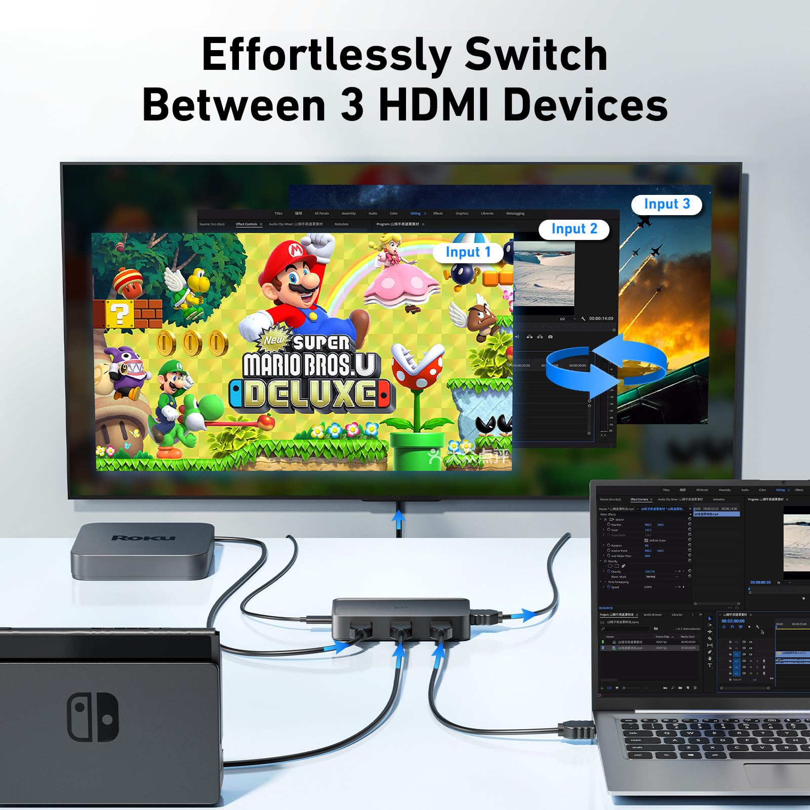 uni HDMI Switch 3 in 1 Out 4K@60Hz, HDMI Splitter Switcher with Remote, HDMI 2.0 Selector 3 Port Box Supports 3D, HDCP2.2, HDR Compatible with Laptop, PS5/4, Xbox, Roku TV, Fire Stick, Blu-Ray Player