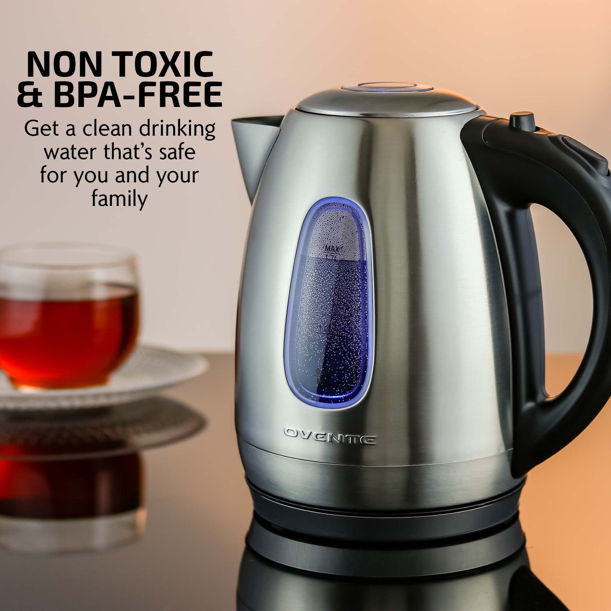 OVENTE Electric Kettle Stainless Steel Instant Water Boiler BPA Free 1.7 Liter 1100 Watts Fast Boiling with Cordless Body and Automatic Shut Off Safe and Perfect for Tea Coffee Milk, Silver KS96S
