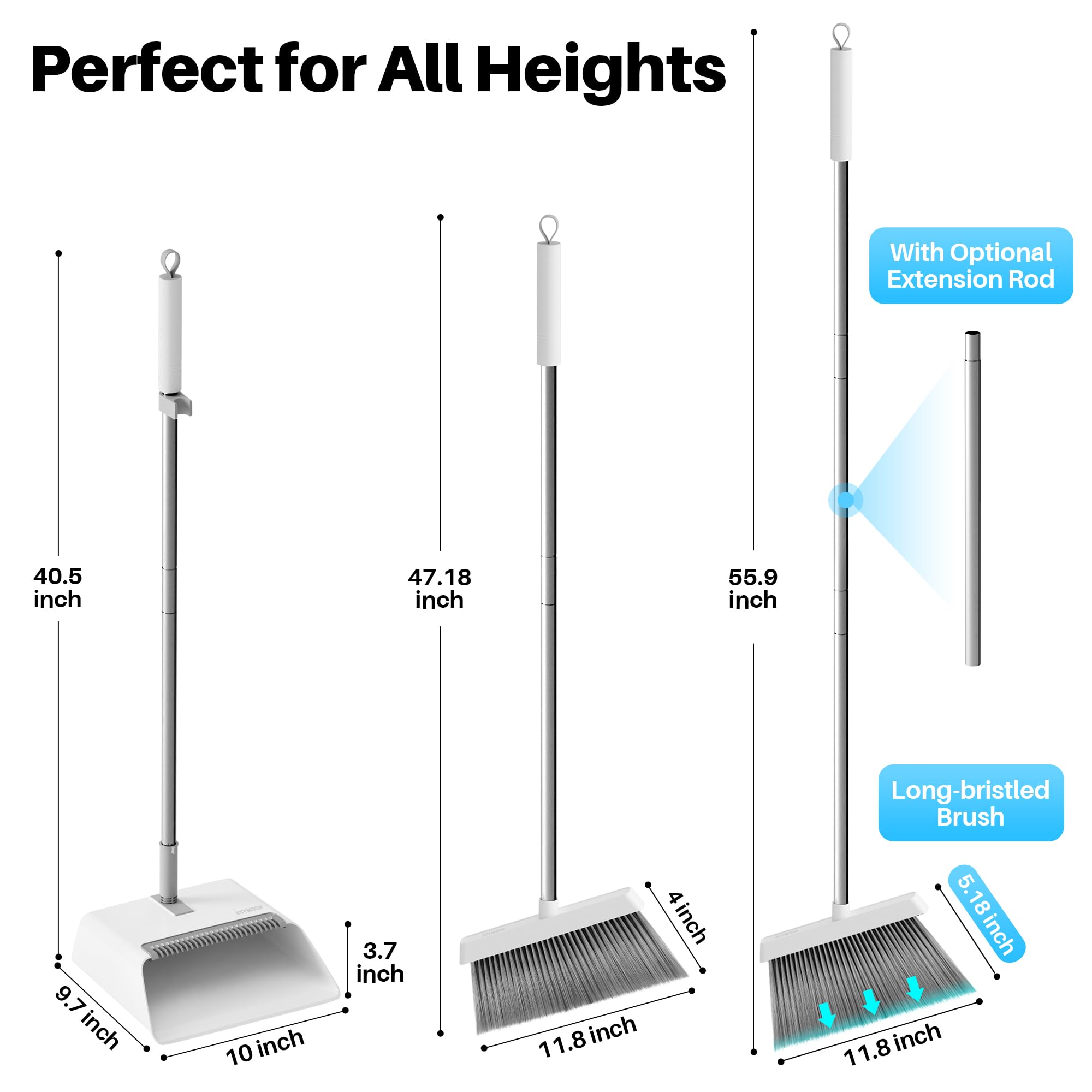 JOYMOOP White Broom and Dustpan Set, Upright Angle Design with Built-in Comb Teeth for Kitchen, Office, Pet Hair, Hard Floors