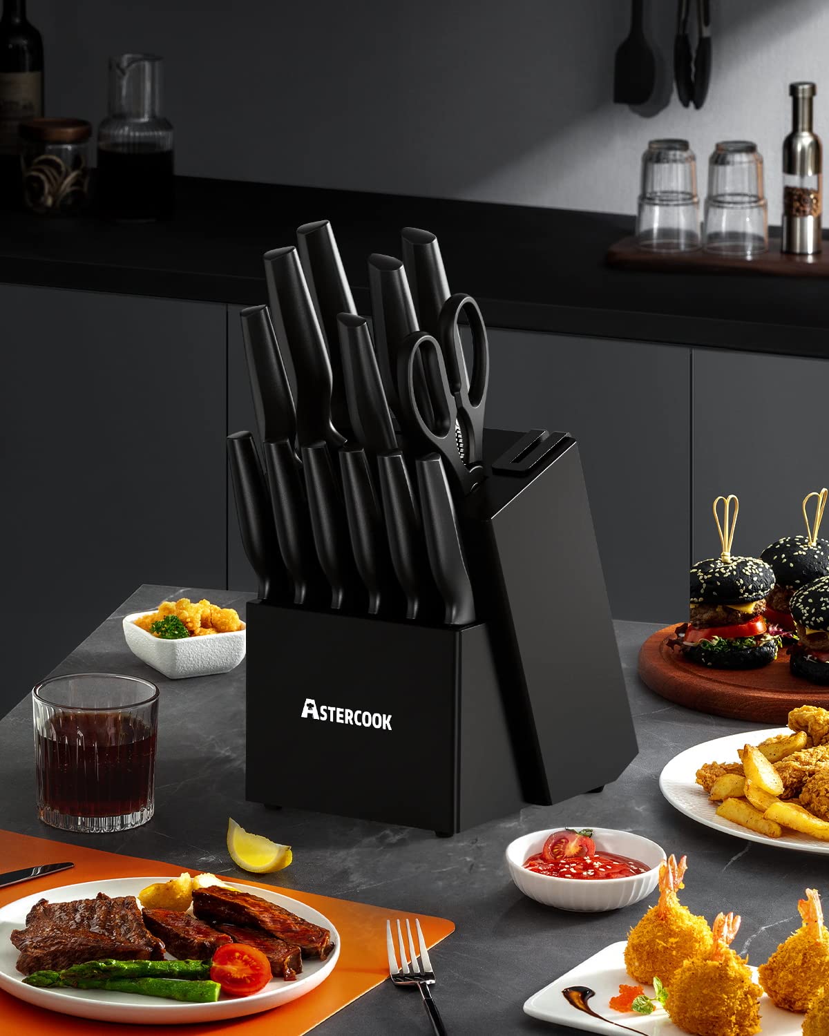 Astercook Knife Set, Kitchen Knife Set with Built-in Sharpener Block, Dishwasher Safe, 15 Pieces German Stainless Steel Knife Block Set, Black