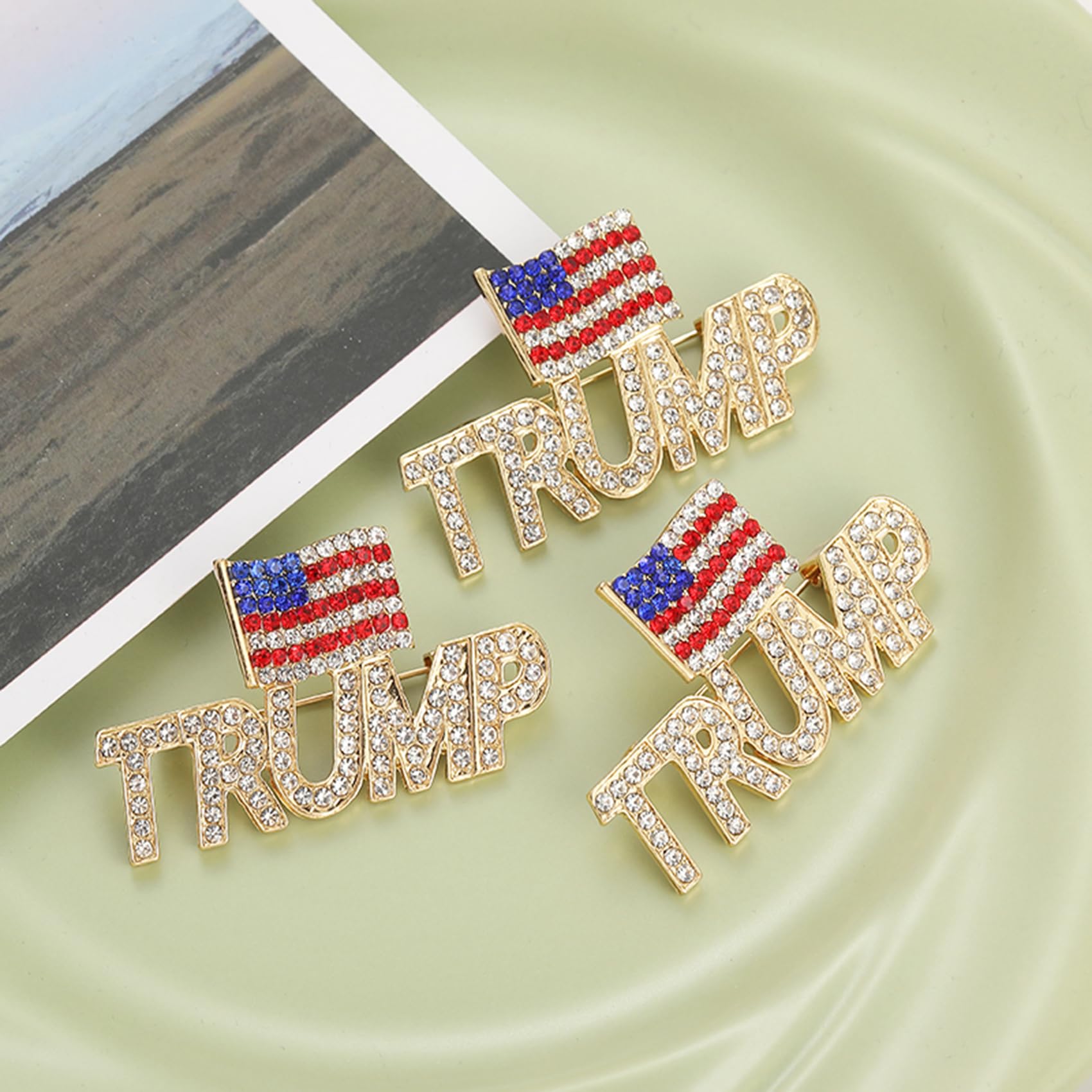 Crystal Trump Brooch with The USA Flag Word Brooch Pin Souvenir for United States of 2024 Presidential Election