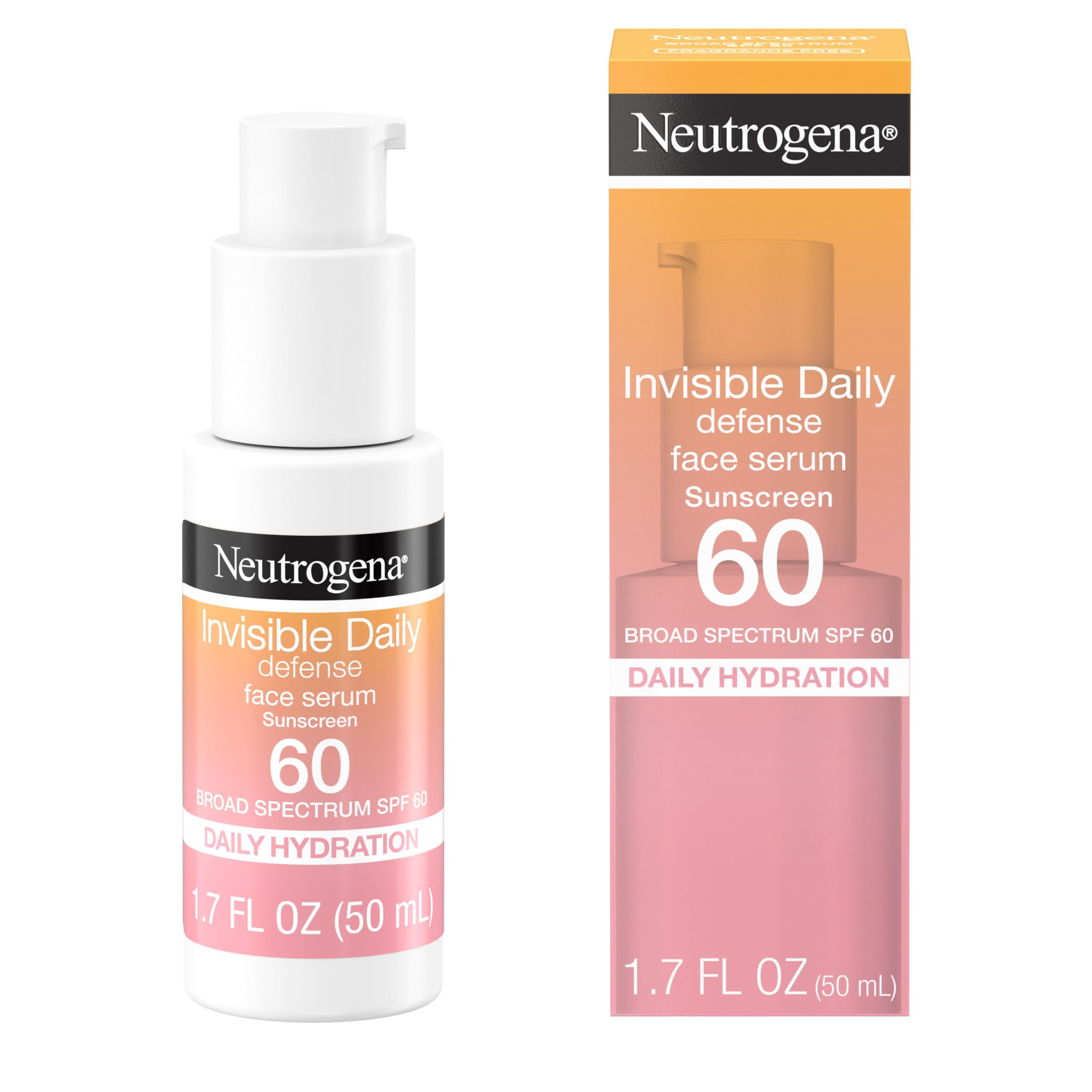 Neutrogena Invisible Daily Defense Face Sunscreen + Hydrating Serum with Broad Spectrum SPF 60 & Antioxidants to Help Skin Glow, Oil-Free, Fragrance Free, 1.7 fl. oz