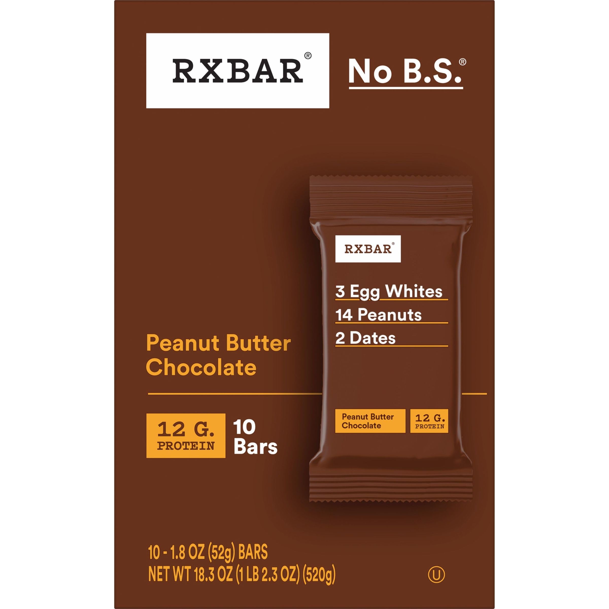 RXBAR Protein Bars, Protein Snack, Snack Bars, Peanut Butter Chocolate, 18.3oz Box (10 Bars)