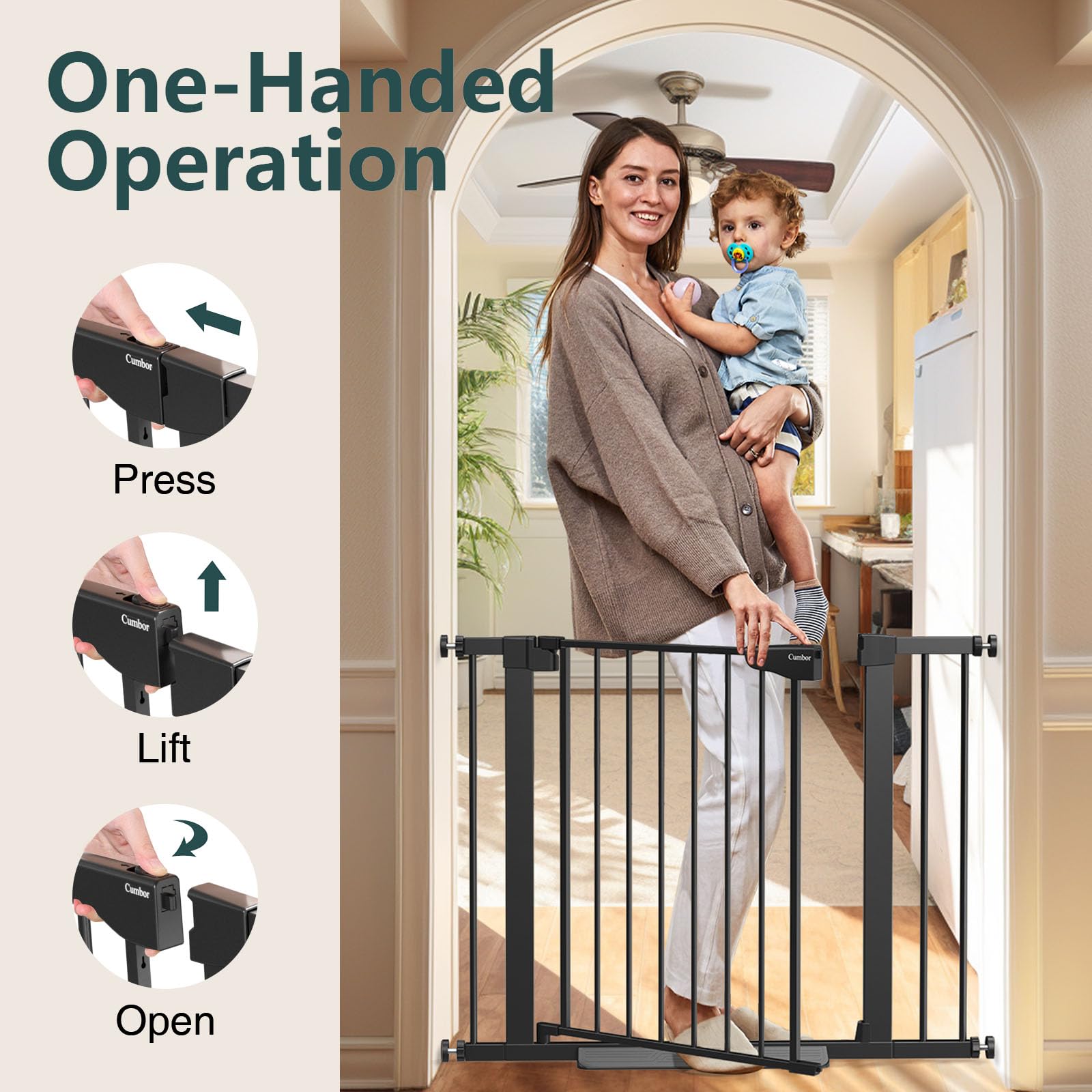 Cumbor 29.7-40.6" Baby Gate for Stairs, Mom's Choice Awards Winner-Dog Gate for Doorways, Pressure Mounted Self Closing Pet Gates for Dogs Indoor, Durable Safety Child Gate with Easy Walk Thru Door