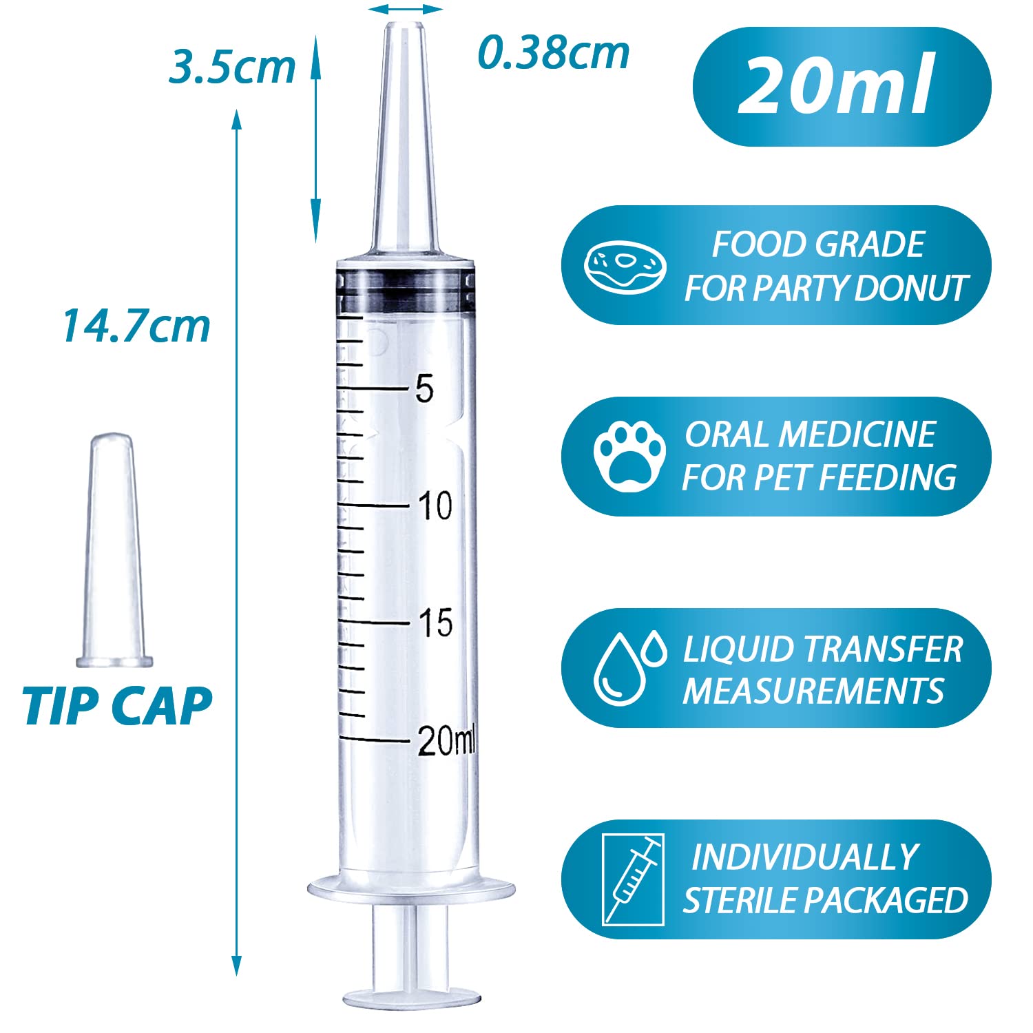 20ml Syringe for Liquid, Oral, Scientific Labs, Measurement, Dispensing, with Cap- 3 Pack 20ml Syringes