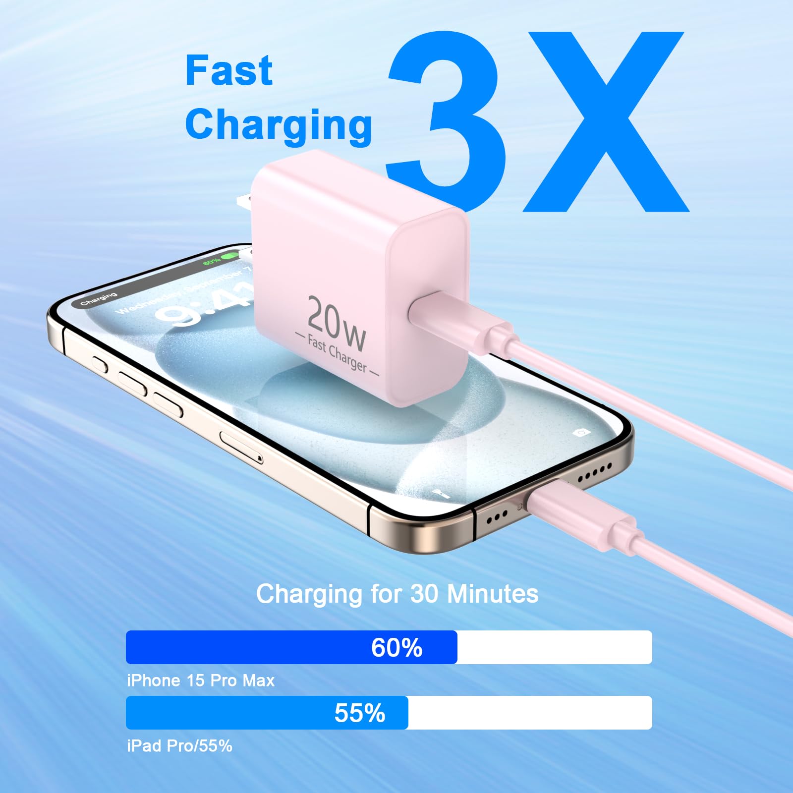 Matsusho iPhone 16 15 Charger Fast Charging 10 FT, 2 Pack 20W USB C Wall Charger with 10FT Type C Charger Fast Charging Cable for iPhone 16/16 Plus/16 Pro/16 Pro Max/15/15 Pro/15 Pro Max/15 Plus, Pink