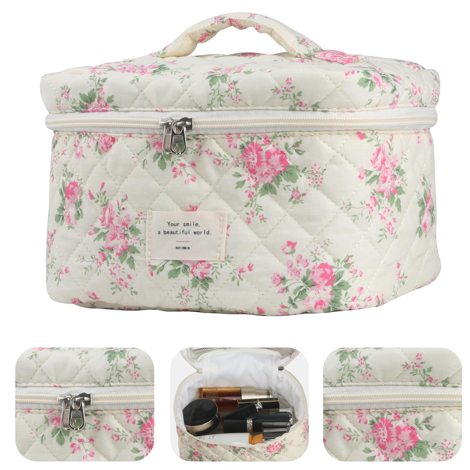 NOYINMIN Cute Makeup Bag for Women(3 Pcs), Quilted Floral Coquette Aesthetic Make up Bags, Travel Cosmetic Bags Toiletry Organizer Bag(Pink Flower)