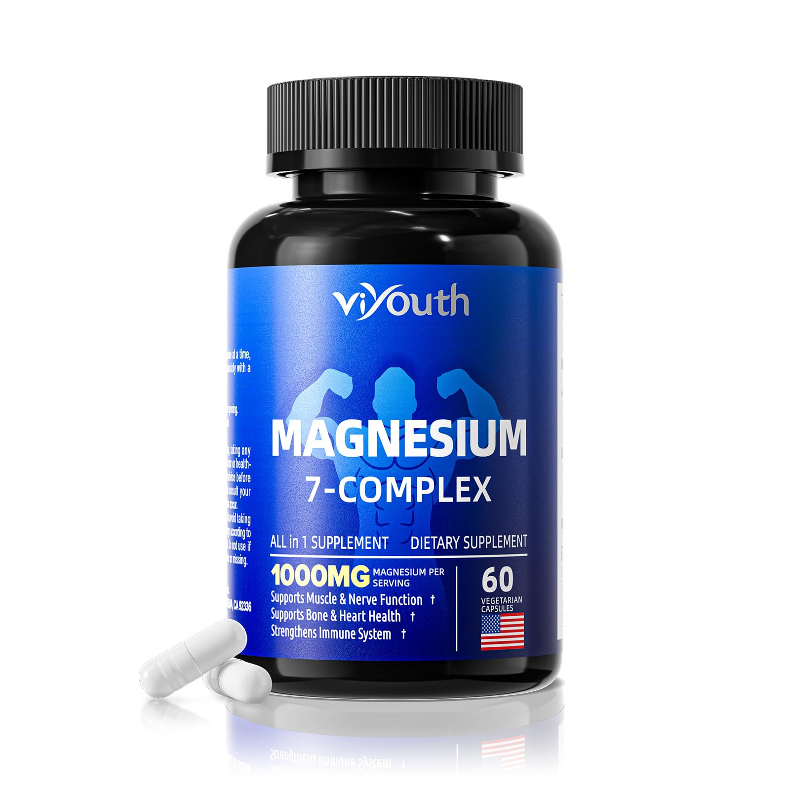 Viyouth Magnesium Complex Supplement, Magnesium Glycinate, Citrate, Malate, Chelate, Taurate, Orotate Aspartate 7 in 1 Zinc and Vitamin D3, B6 for Sleep, Leg Cramps, Muscle Relief - 60 Capsules
