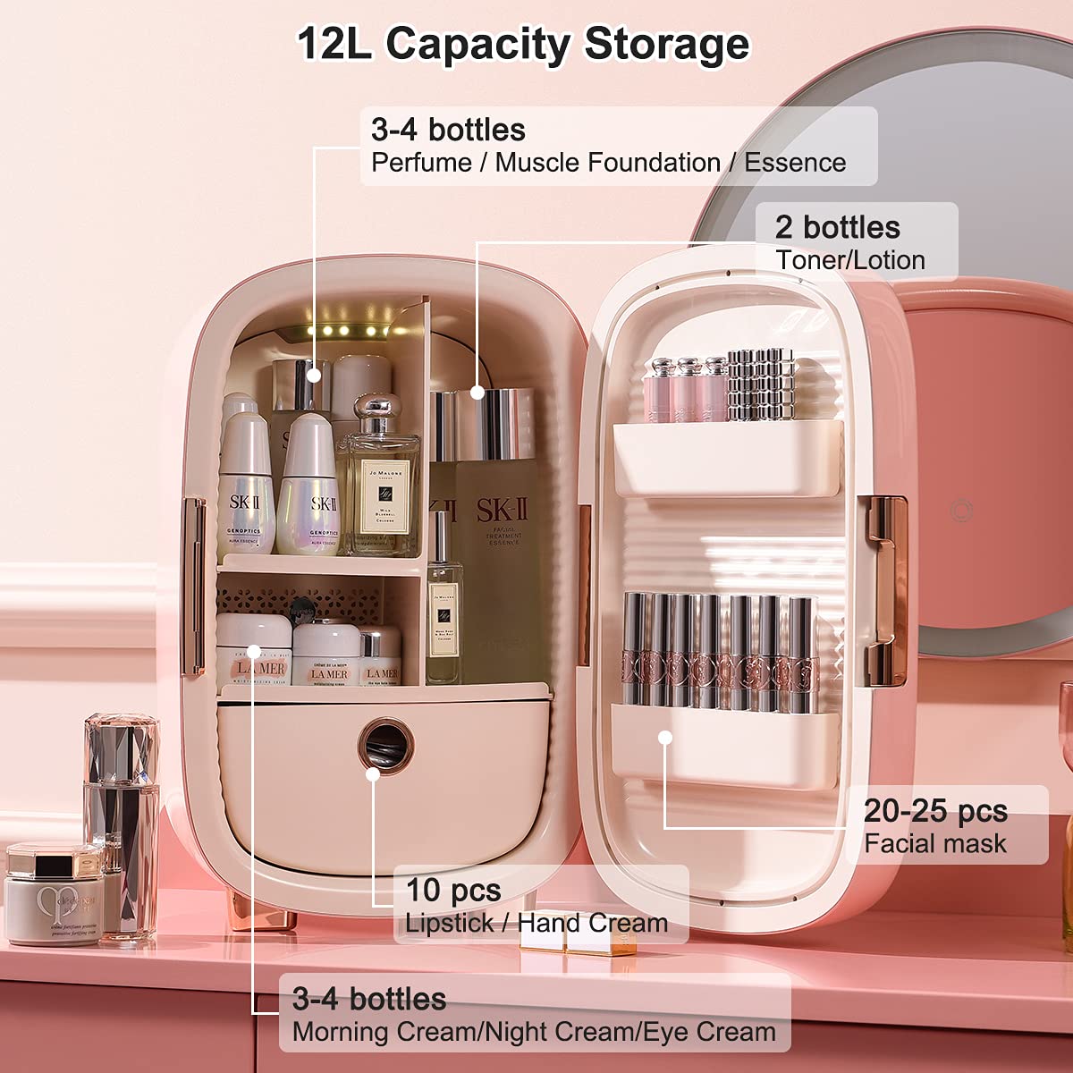 JSTPRO Skincare Fridge 12 Liter, Beauty Fridge for Comestic Storage 10°C/50°F + Intelligent Constant Temperature Control Mini Fridge, Pink Cosmetics Refrigerator Compact Fridge for Makeup Lipstick