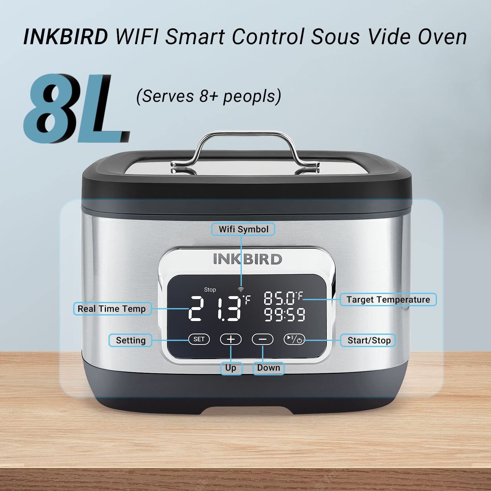 Inkbird Wifi Sous Vide Cooker,700W Sous Vide Machine, 8 Quart Water Oven with Rack Divider and 14 Preset Recipes, 3D Water Circulation Rapid Heating,Wifi Control & Timmer- All-in-One Sous Vide Pot