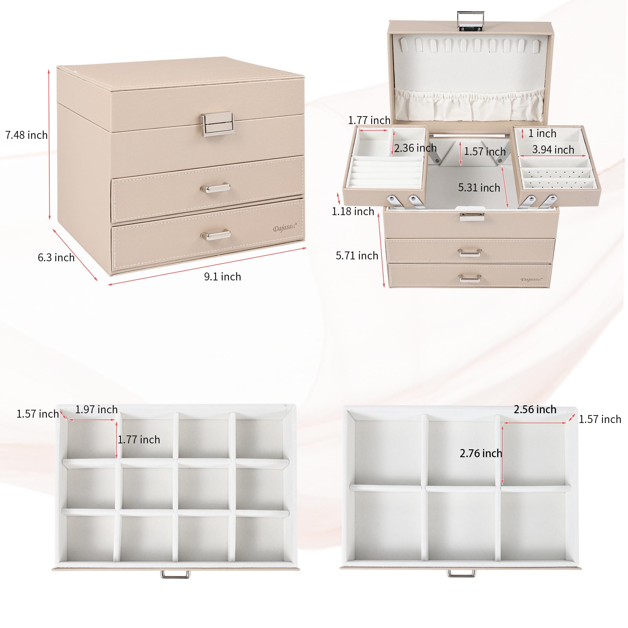 Dajasan Jewelry Organizer Box, Large Jewelry Storage Box, PU Leather Jewelry Storage Case for Valentine's Day, Birthday, Mother's Day, Christmas (Champagne)