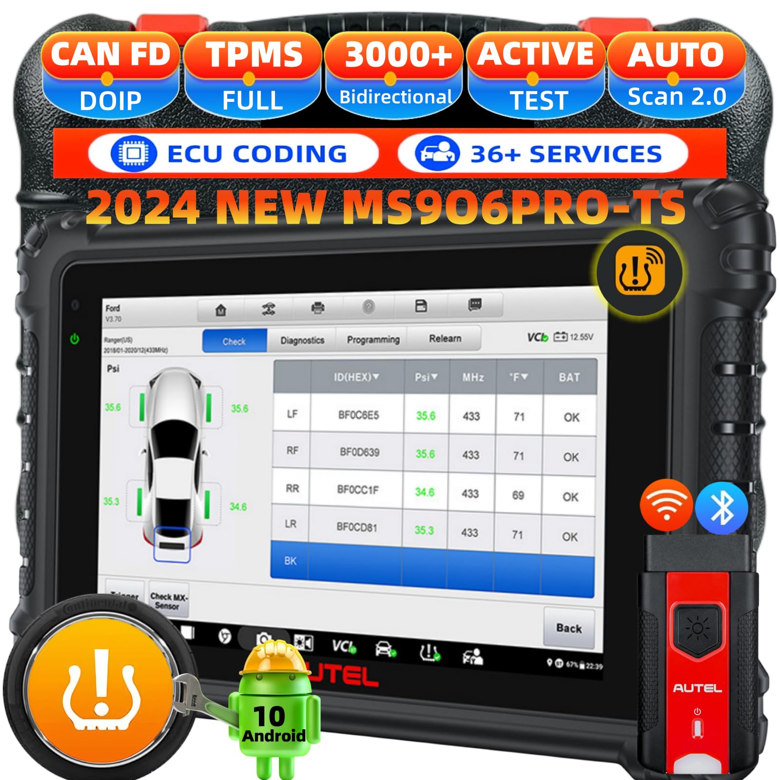 Autel MaxiSys MS906 Pro-TS Full System Diagnostic OBDII Scanner Tool 2024 Newer Up of MS906 Pro MS906BT MS906TS MK908, Top TPMS Diagnostic & ECU Coding, Active Test, 36+ Service, Full TPMS, Auto Scan