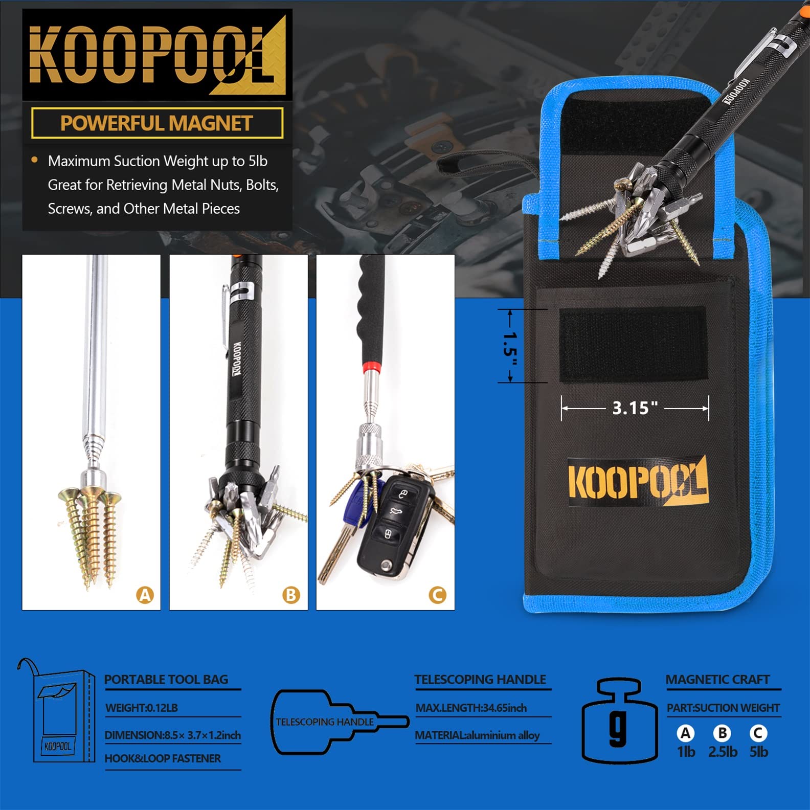 Telescoping Magnetic Pickup Tool Set, Inspection Mirror Telescoping, LED Flashlight, Cool Gadgets for Men, Stocking Stuffers, Gifts for Dad, Husband, Kids, Boyfriend, Magnet Stick (Blue)