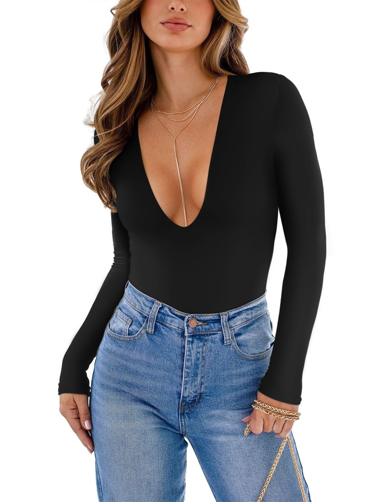 REORIA Women's Sexy Deep V Neck Long Sleeve One Piece Bodysuit Top Fall Slimming Double Lined Going Out T Shirt Black Small
