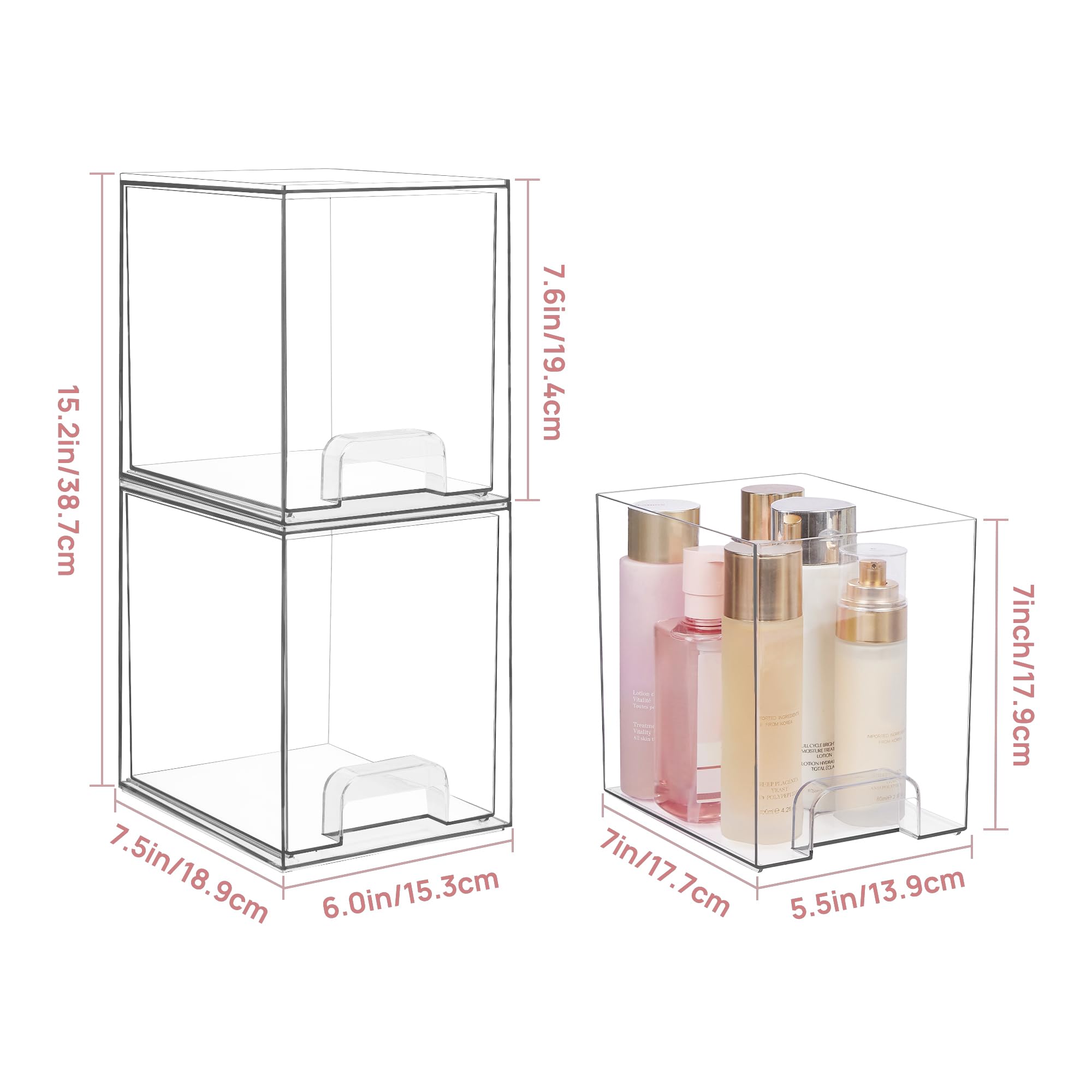 Vtopmart 4 Pack Clear Stackable Storage Drawers,7.6" H Plastic Organizers Bins for Skincare, Bathroom Supplies,Ideal for Cabinet,Undersink,Vanity,Kitchen,Pantry Organization