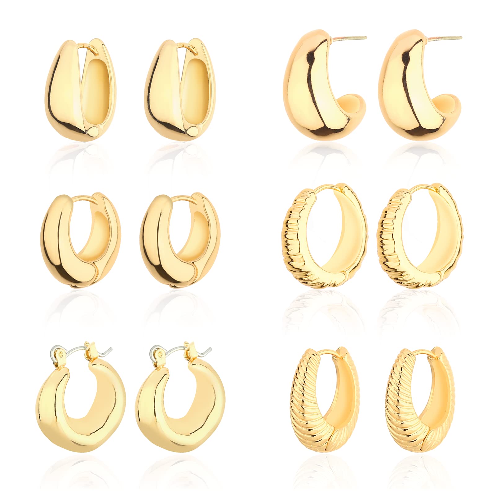 Wgoud Chunky Huggie Earring 14K Gold Hoop Earrings for Men Women Hypoallergenic, Thick Twist Earring (6 Prs Chunky Gold)