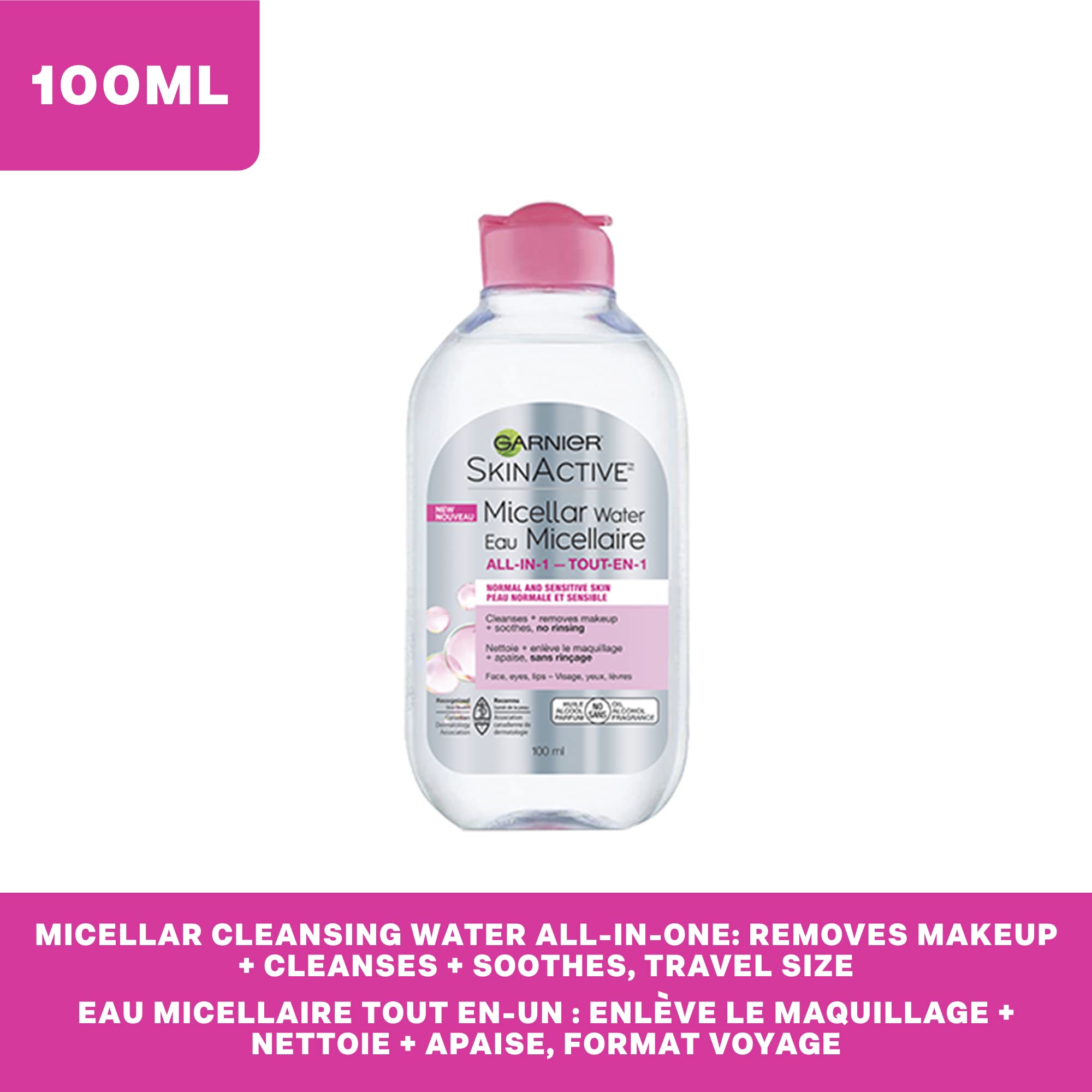 Garnier Micellar Cleansing Water, All-in-1 Makeup Remover and Facial Cleanser, For All Skin Types, 3.4 Fl Oz (100mL), 1 Count (Packaging May Vary)