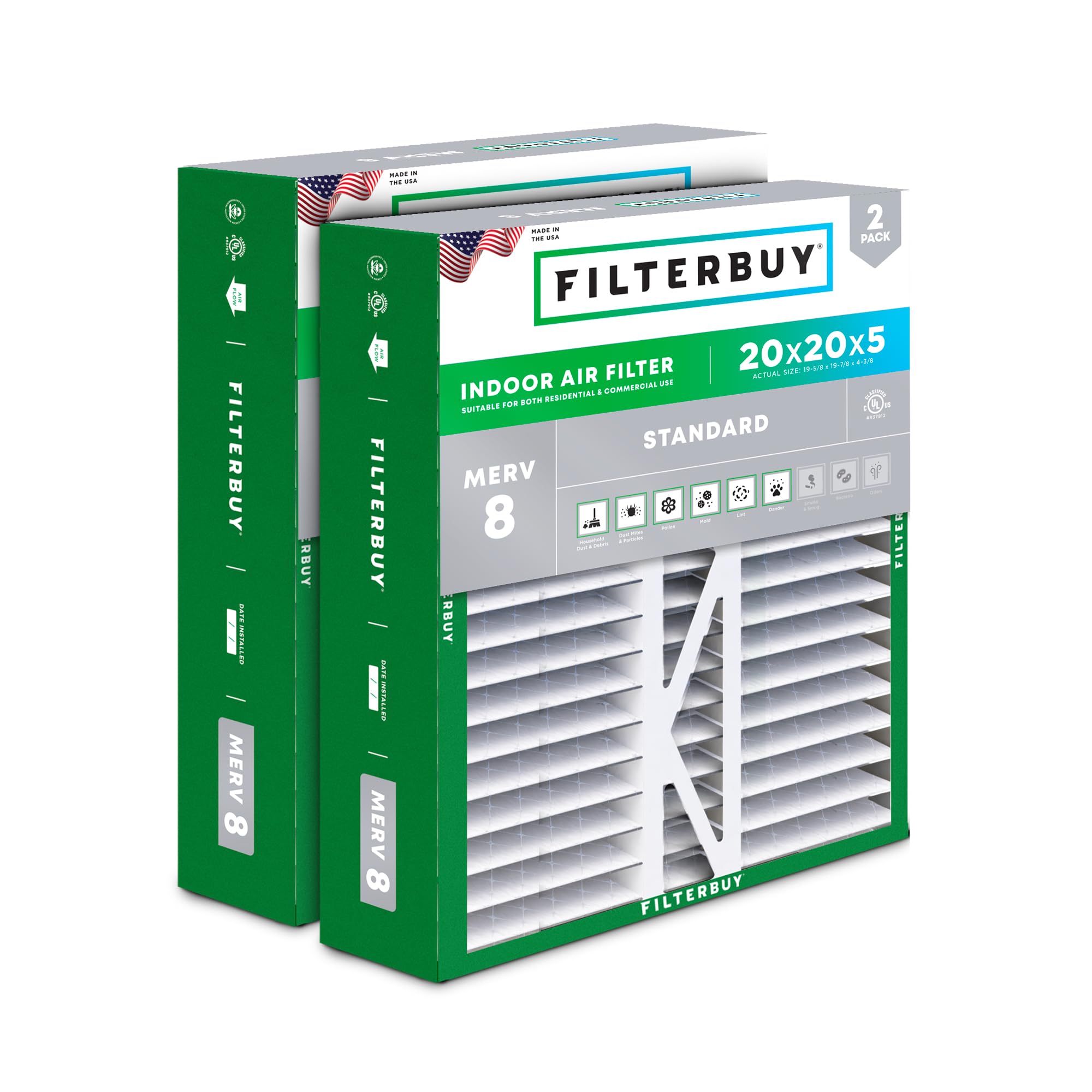 Filterbuy 20x20x5 Air Filter MERV 8 Dust Defense (2-Pack), Pleated HVAC AC Furnace Air Filters Replacement for Honeywell FC100A1011, Lennox X0585 & More (Actual Size: 19.63 x 19.88 x 4.38 Inches)