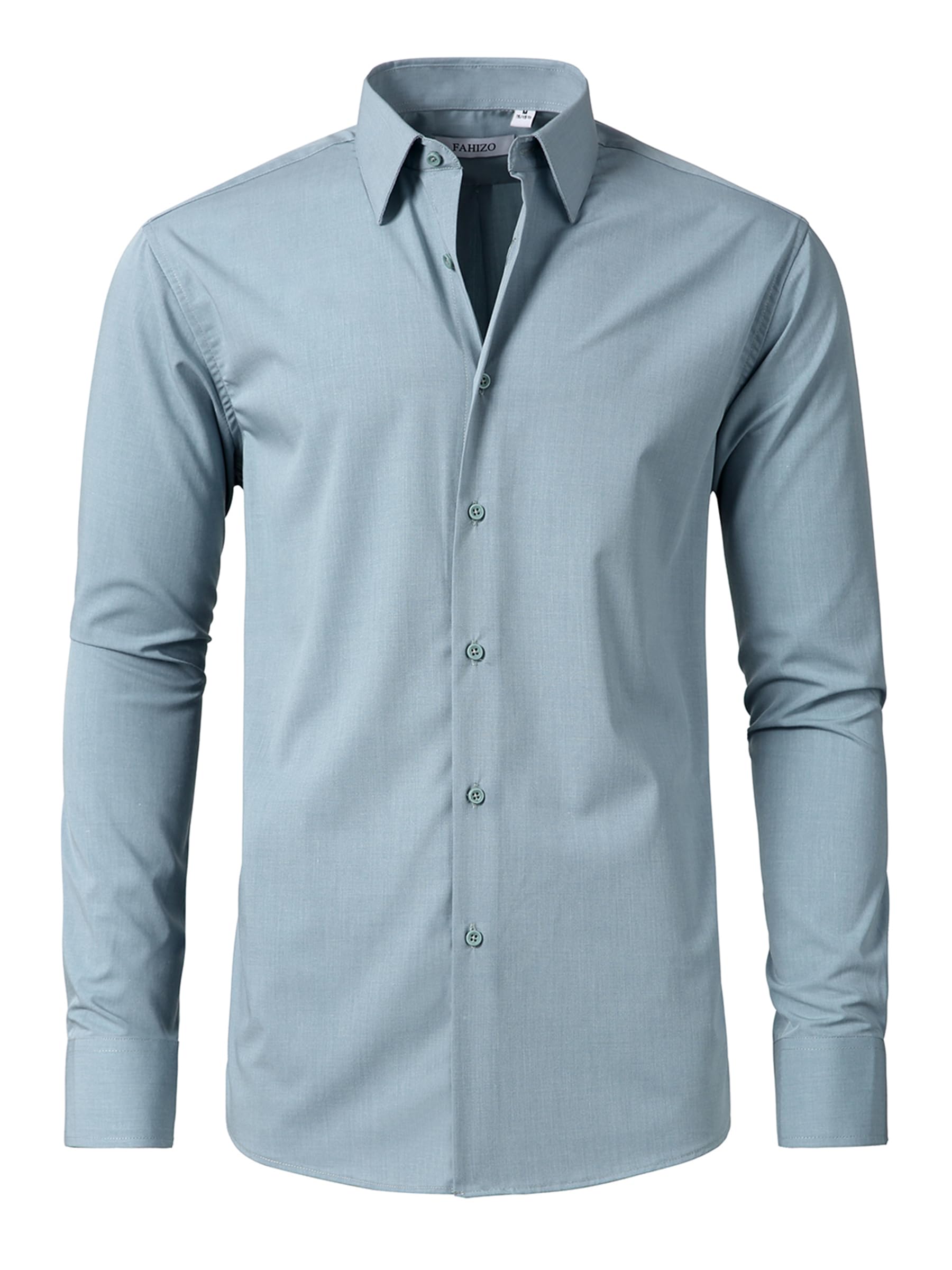 FAHIZO Men's Dress Shirt Casual Regular Fit Stretch Soild Long Sleeve Button Up Shirts, Grey Green-XL