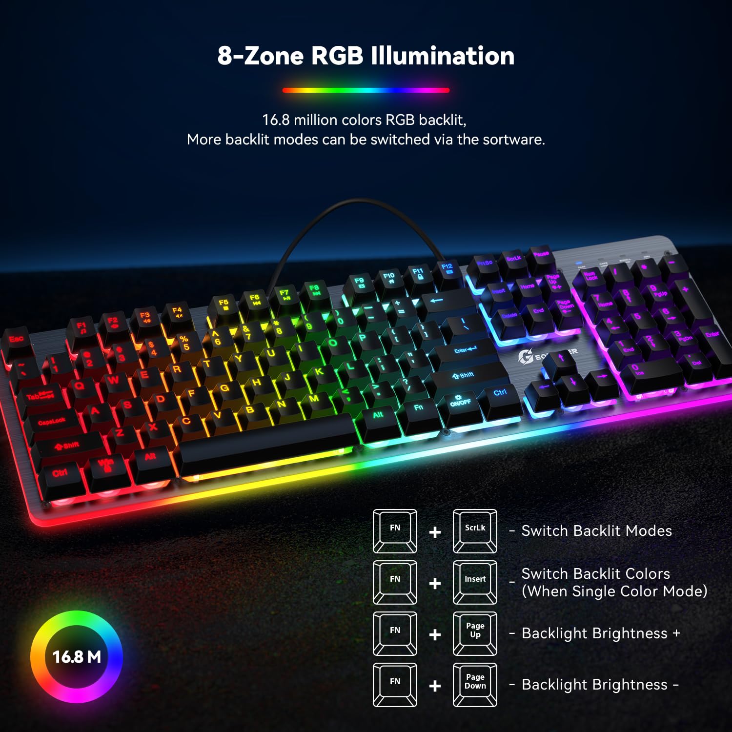 GEODMAER RGB Backlit Gaming Keyboard, 104 Keys Wired Gaming Keyboard, 8-Zone RGB Illumination, Metal Top Cover, Programmable Macro Full Size Gaming Keyboard for PC Laptop Mac Xbox