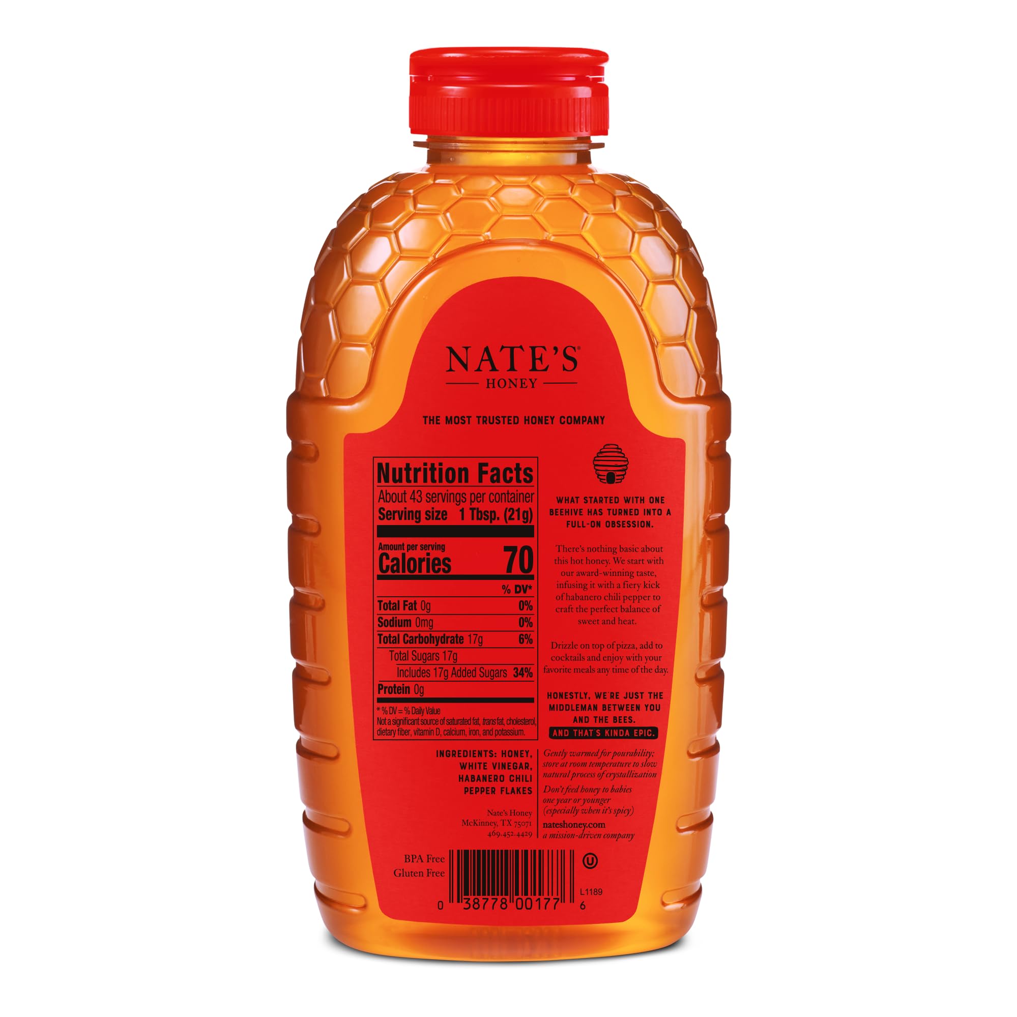 Nate's Hot Honey - 100% Pure Honey Infused with Habanero Chili Pepper Flakes, Award-winning Taste - 32 oz Squeeze Bottle