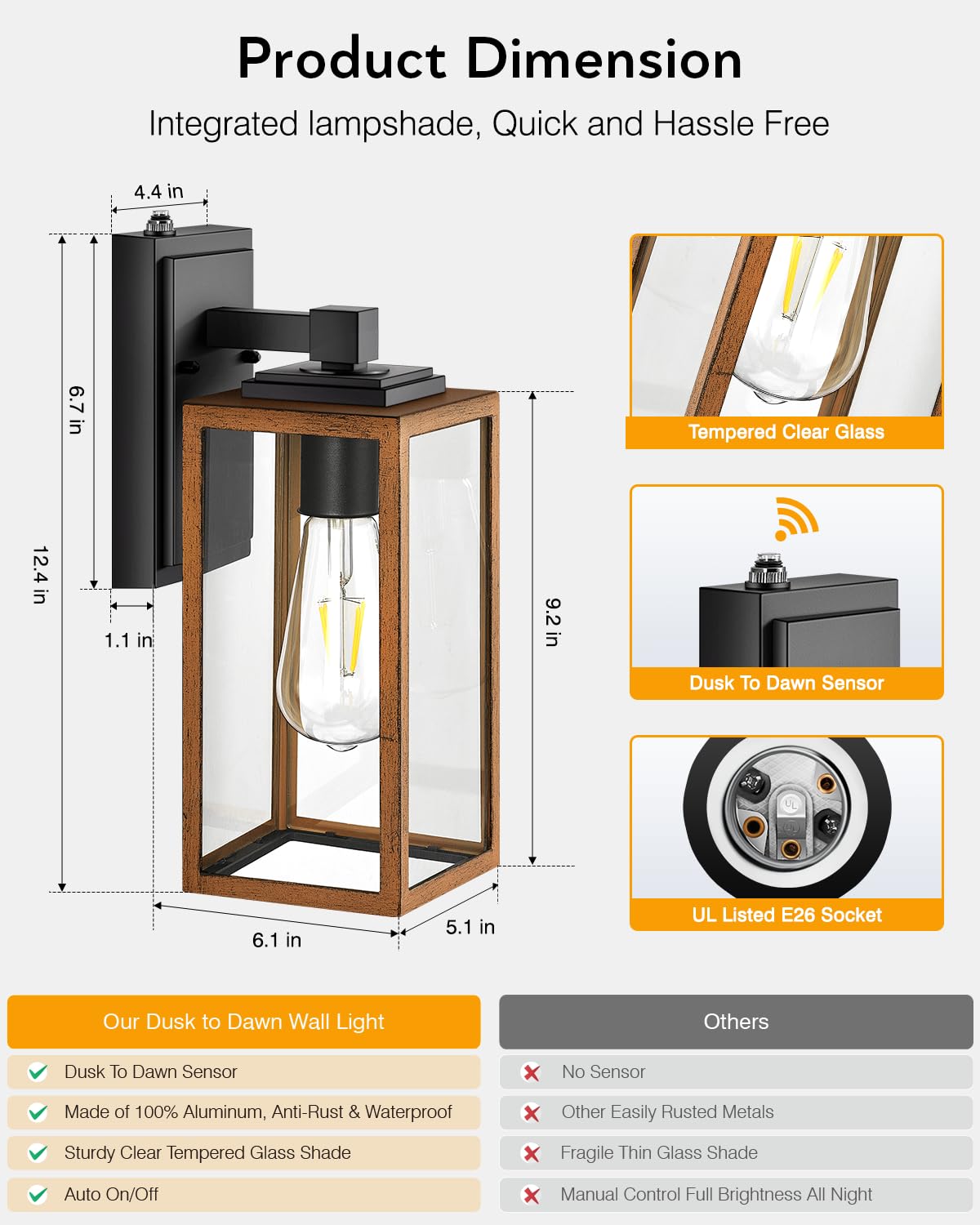 VIANIS 2 Packs Garage Light Outdoor, Dusk to Dawn Outside Wall Lights Fixture for House, Wood Grain Coach Lantern with Toughened Glass, Farmhouse Sconce Wall Mount for Entryway, Hallway, Garage