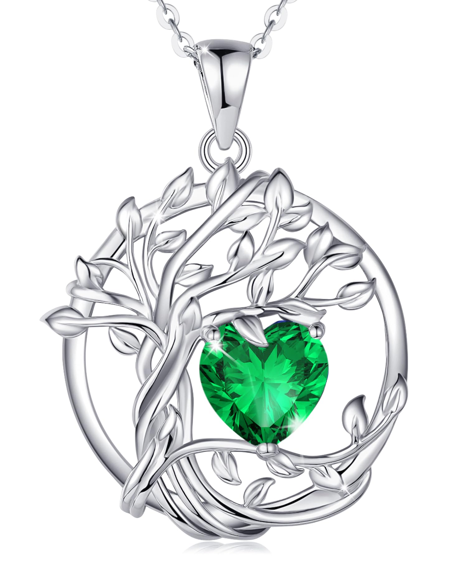 FANCIME Tree of life Birthstone Necklace for Women Sterling Silver Tree Jewelry Emerald Pendant May Birthday Green Gemstone Anniversary Christmas Gifts for Girlfriend Wife Mom Her