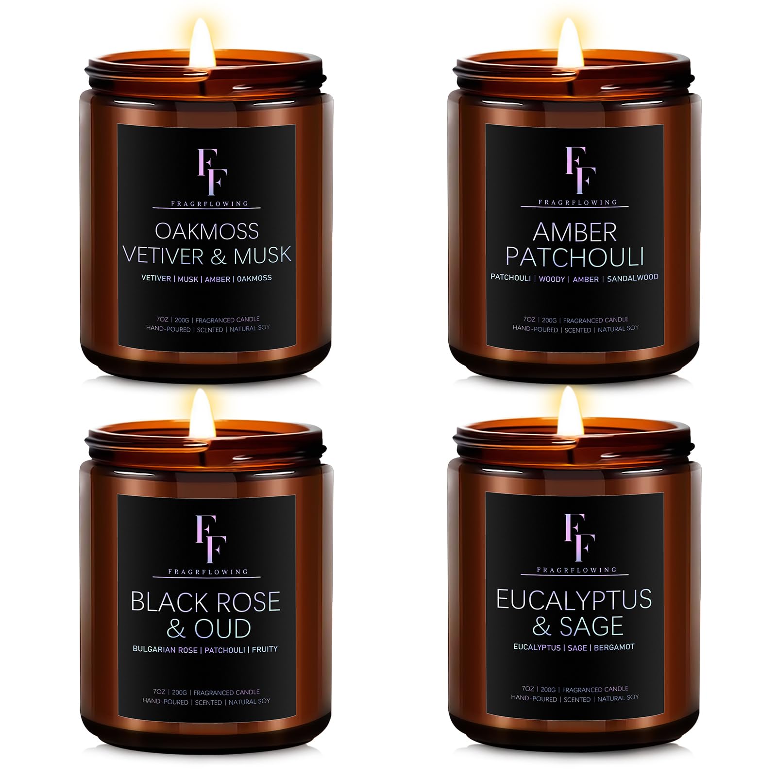 Scented Candles for Home Scented Aromatherapy Candles, 4 Pack 28 Oz Soy Wax Candle Gift Set for Women Men (Amber Patchouli/Oakmoss, Vetiver & Musk/Eucalyptus & Sage/Black Rose & Oud)