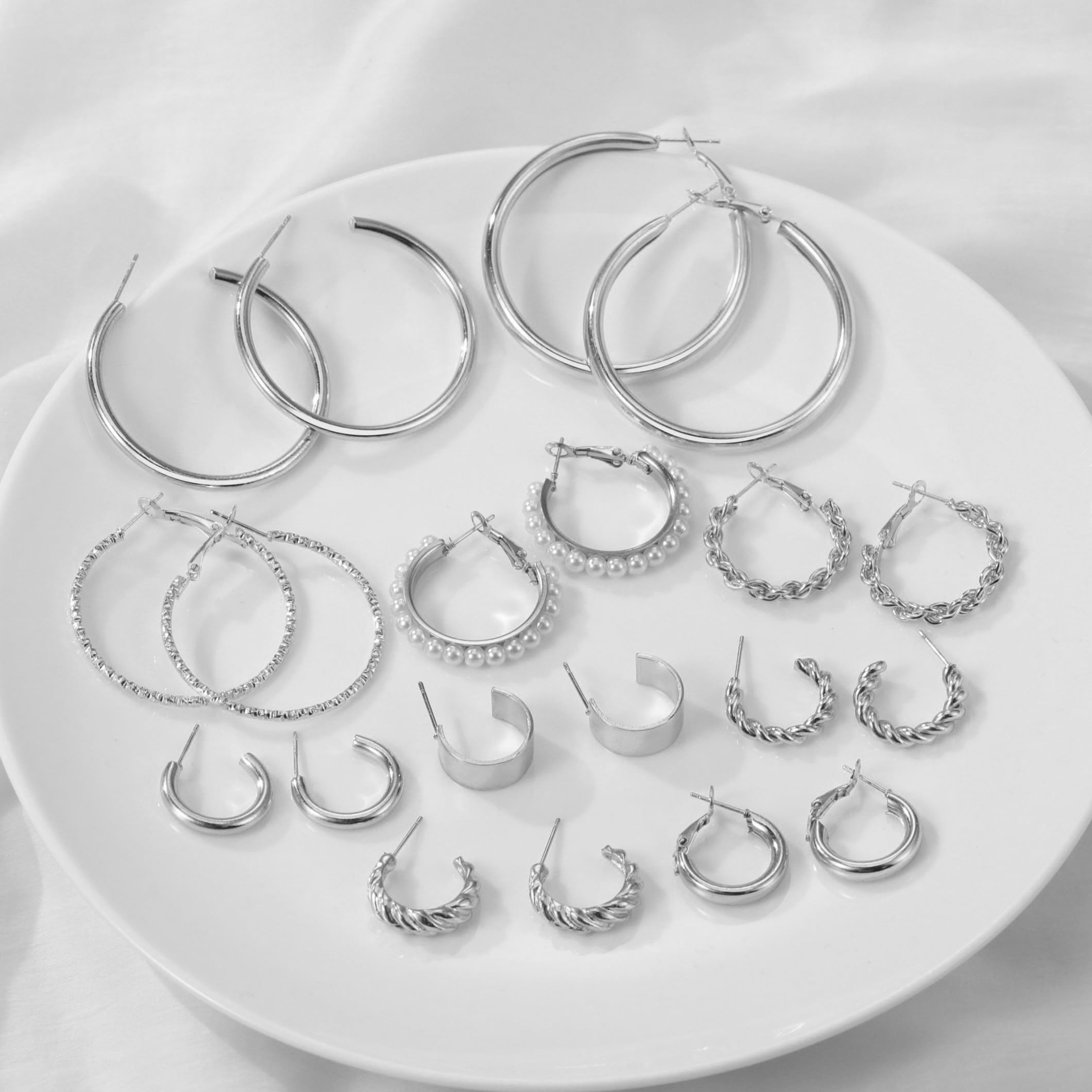 48 Pairs Silver Earrings Set for Women, Chunky Silver Hoop Earrings Multipack Twisted Statement Pearl Earring Pack, Trendy Hypoallergenic Small Big Hoops Earrings for Birthday Party Jewelry Gifts