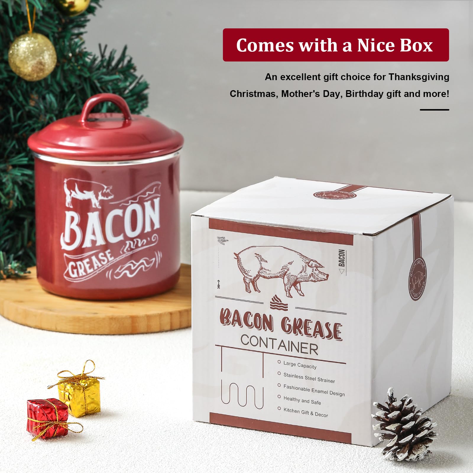 1.3L Bacon Grease Saver Container with Fine Strainer - Red Enamel & Stainless Steel Oil Keeper Can for Bacon Fat Dripping - Farmhouse Kitchen Gift & Decor Cooking Accessories - Dishwasher Safe