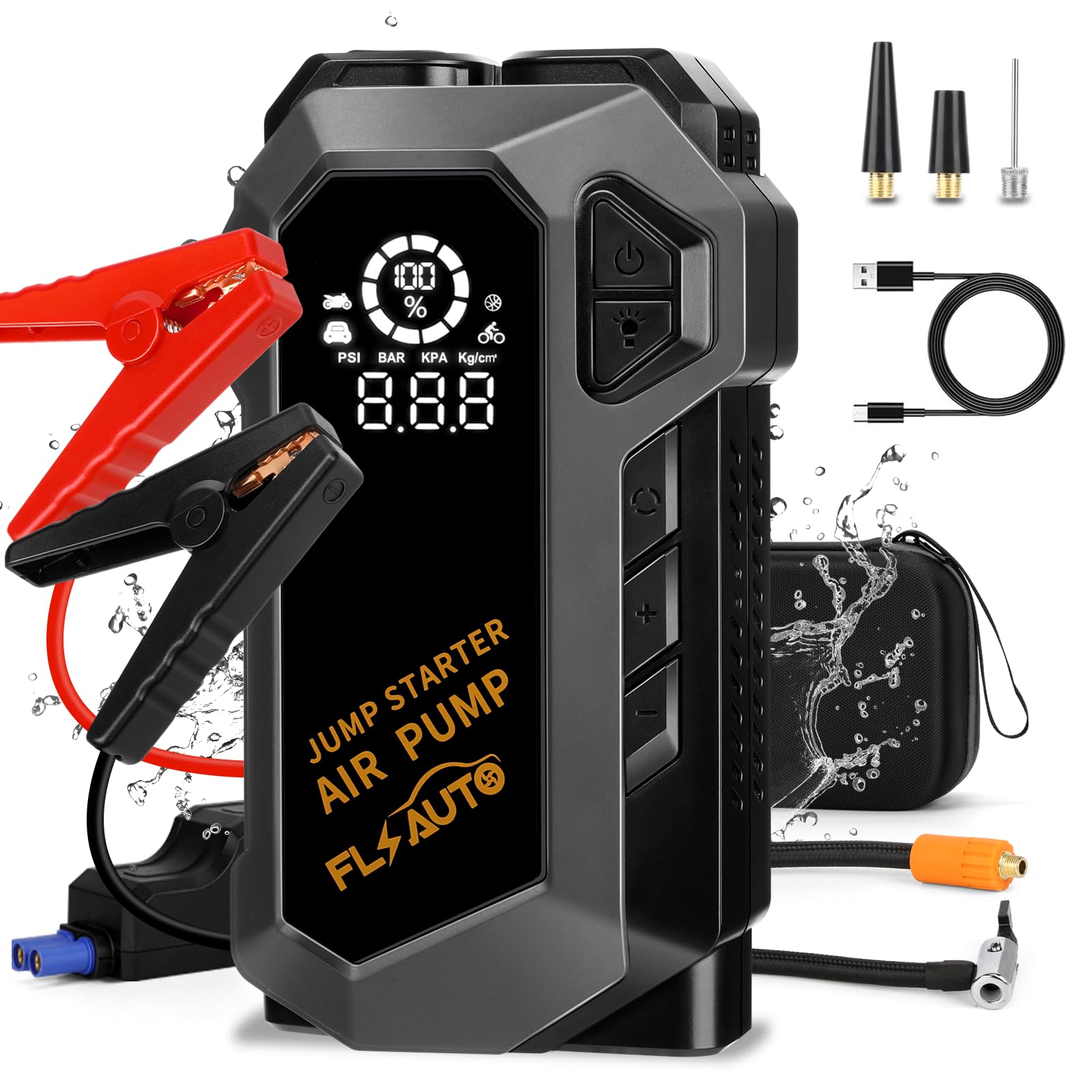 FlyAuto Car Jump Starter,4000A Battery Jump Starter with Air Compressor,for Up to 10.0L Gas and 8.0L Diesel Engines,12V Lithium Portable jump Box Car Battery Jumper Start with LED Light&Quick-Charge