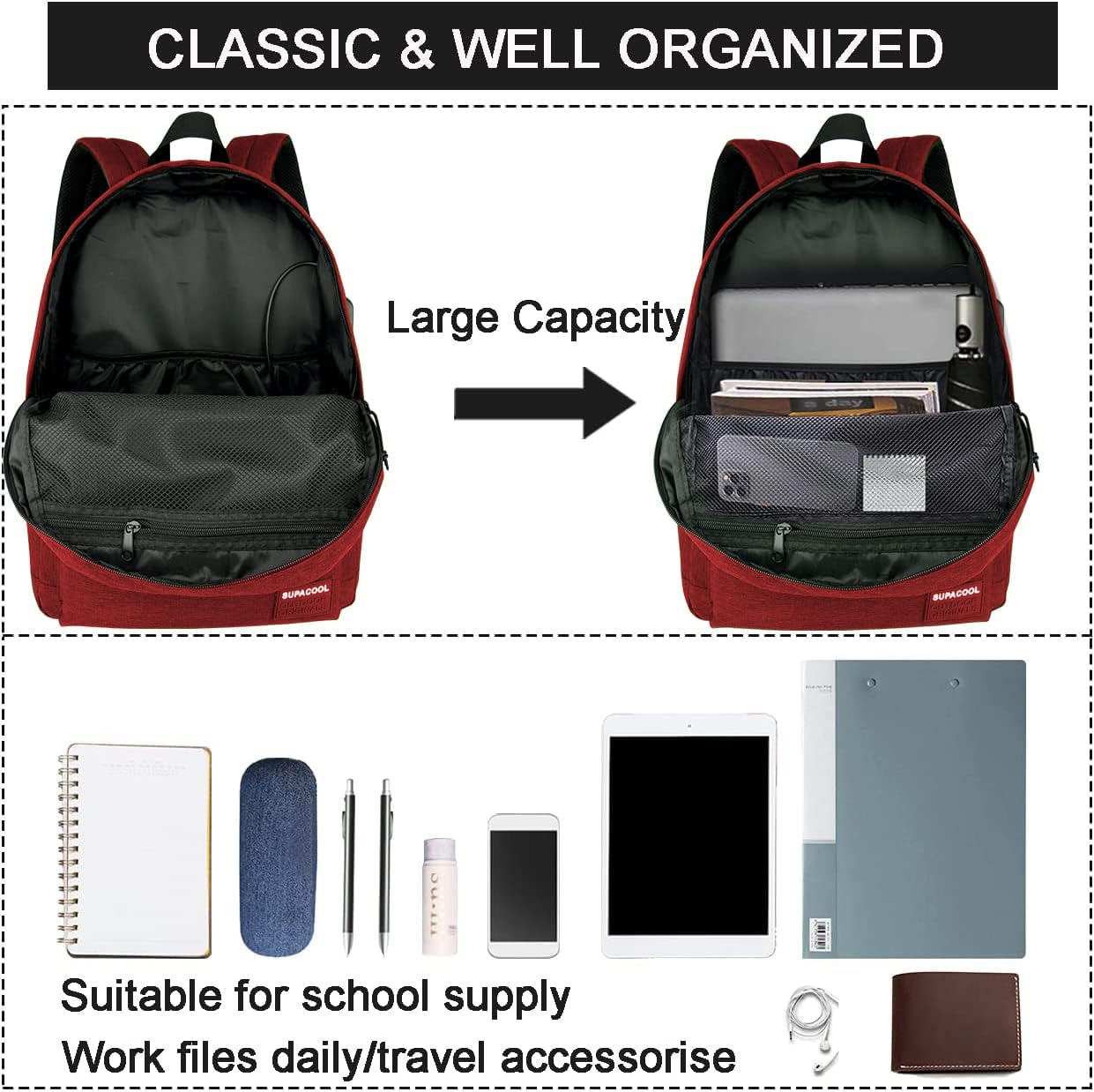 SUPACOOL Lightweight Casual Laptop Backpack & Pencil Pouch, School Backpack with USB Charging Port for Men and Women, Bookbag for Boys and Girld, Work Backpack(Garnet set)