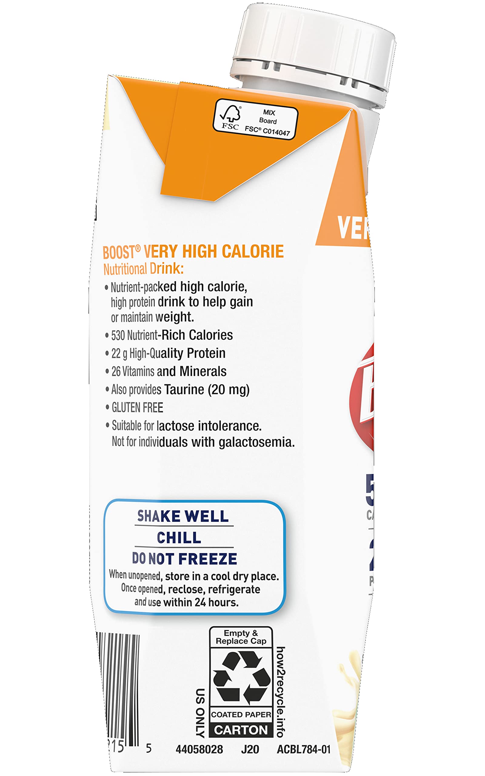 Boost Very High Calorie Nutritional Drink Very Vanilla, Made with Natural Vanilla Flavor & No Artificial Flavors, Colors & Sweeteners, 8 FL OZ (Pack of 12)