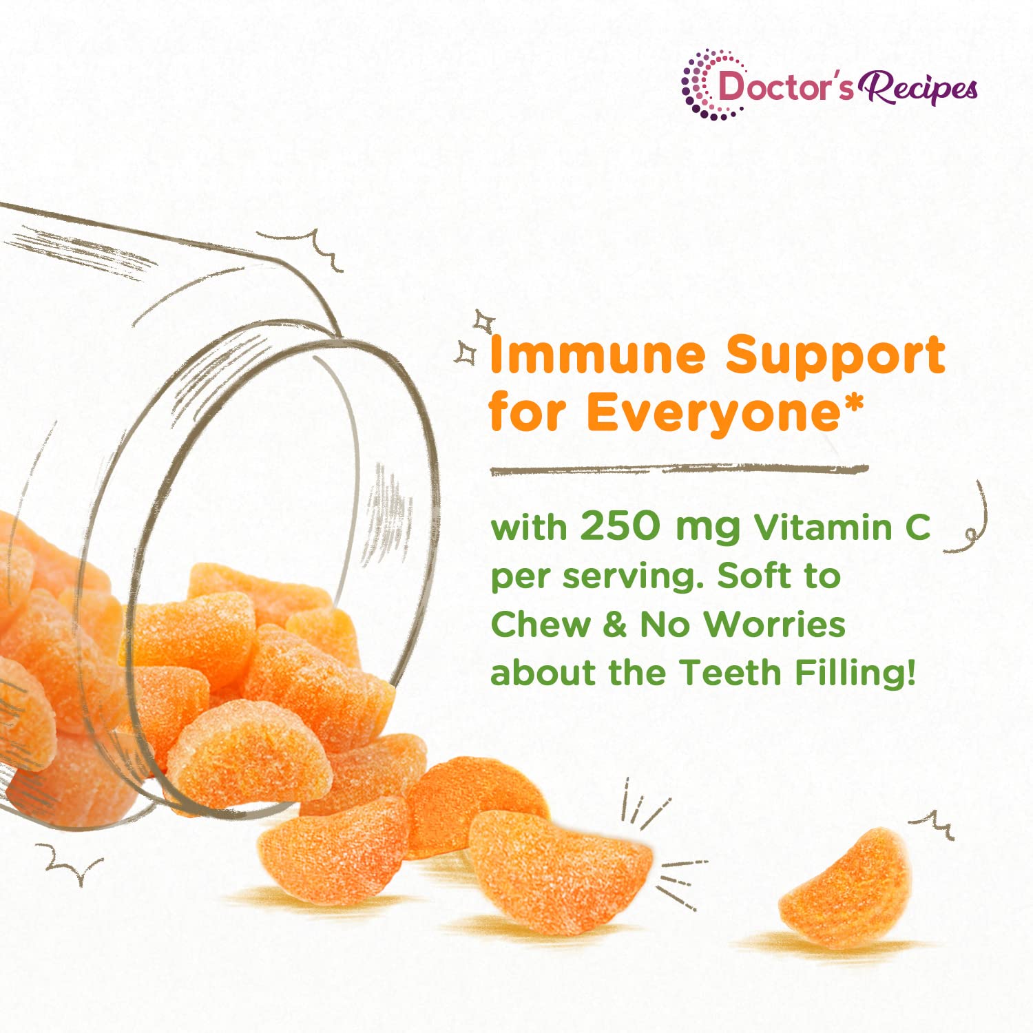 Doctor's Recipes Vitamin C Gummies for Kids & Adults, 250mg per Serving, Immune Support, No High Fructose Corn Syrup No Gelatin, 60 Pectin Gummies, Natural Orange Flavor