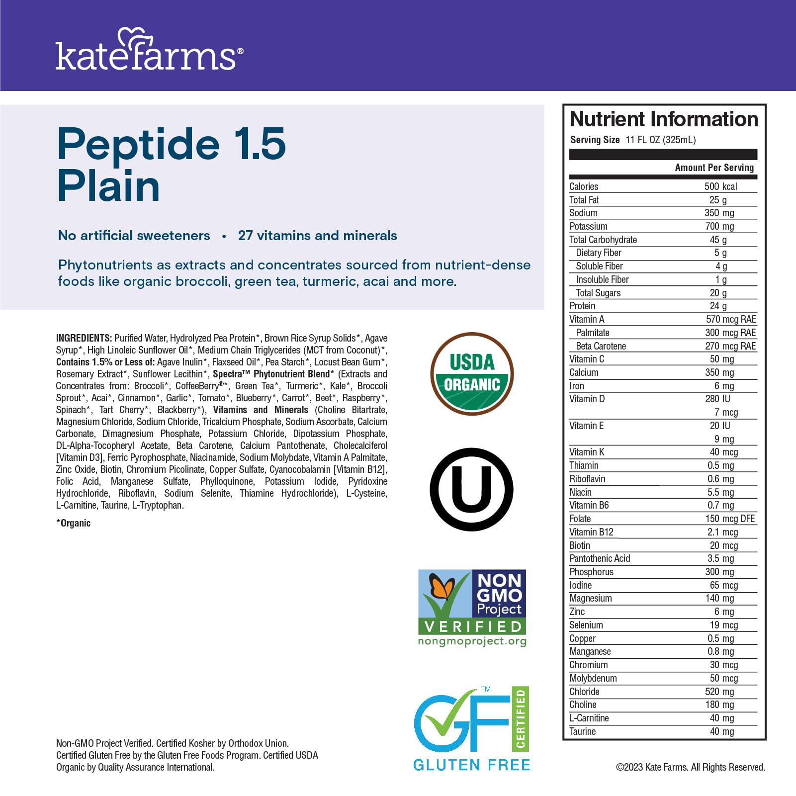 KATE FARMS Organic Vegan Adult Peptide 1.5 Formula, Unflavored Plain, Sole-Source Nutrition, Organic Enzymatically Hydrolyzed Plant-Based Protein, Meal Replacement for Oral or Tube Feeding, 11 Fl oz (Pack of 12)