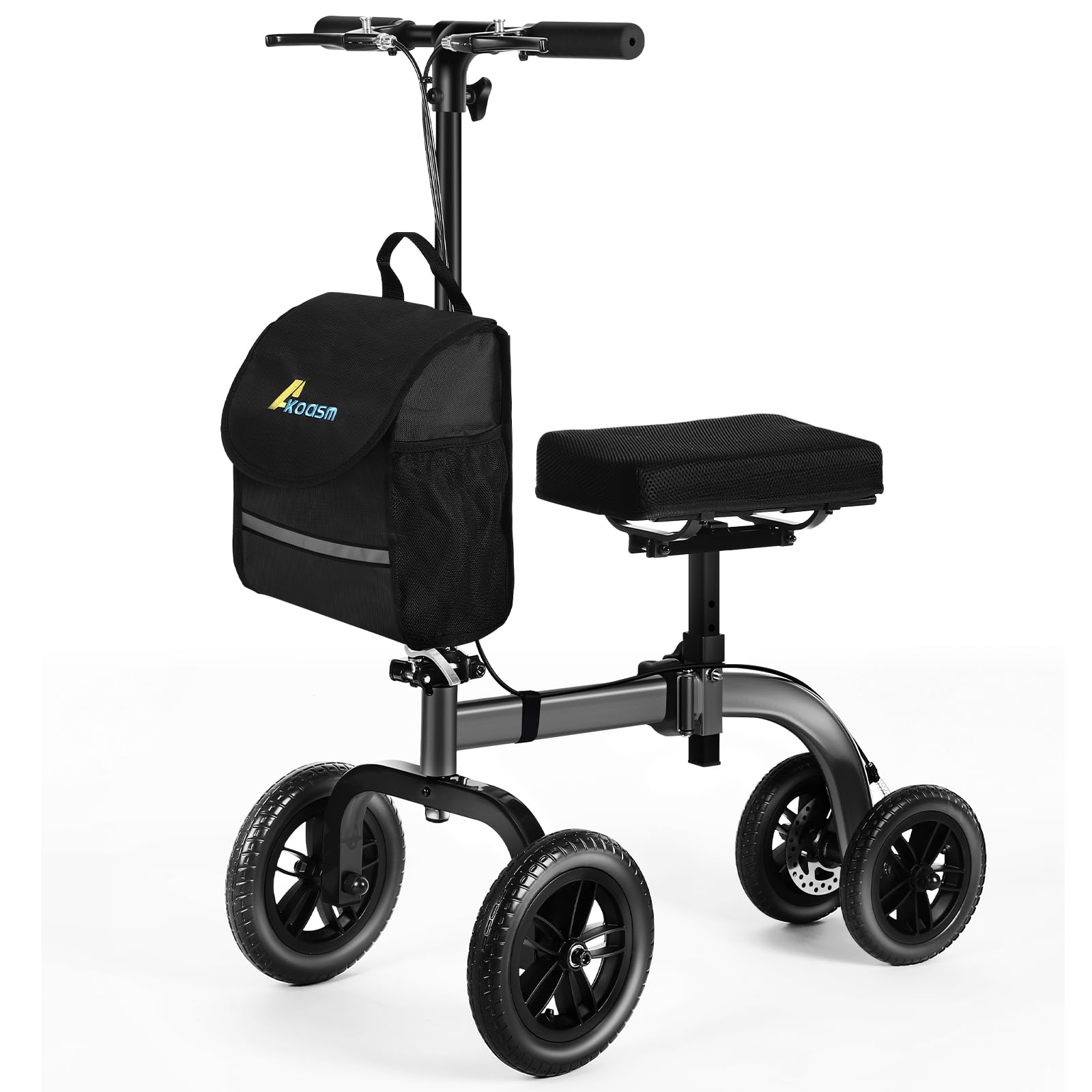 Akoasm Collapsible All Terrain Knee Scooter for Adults for Foot Surgery, Adjustable Knee Walker Cart with Basket, Alternative to Crutches for Broken Leg Ankle Injuries, Dual Brakes, Grey