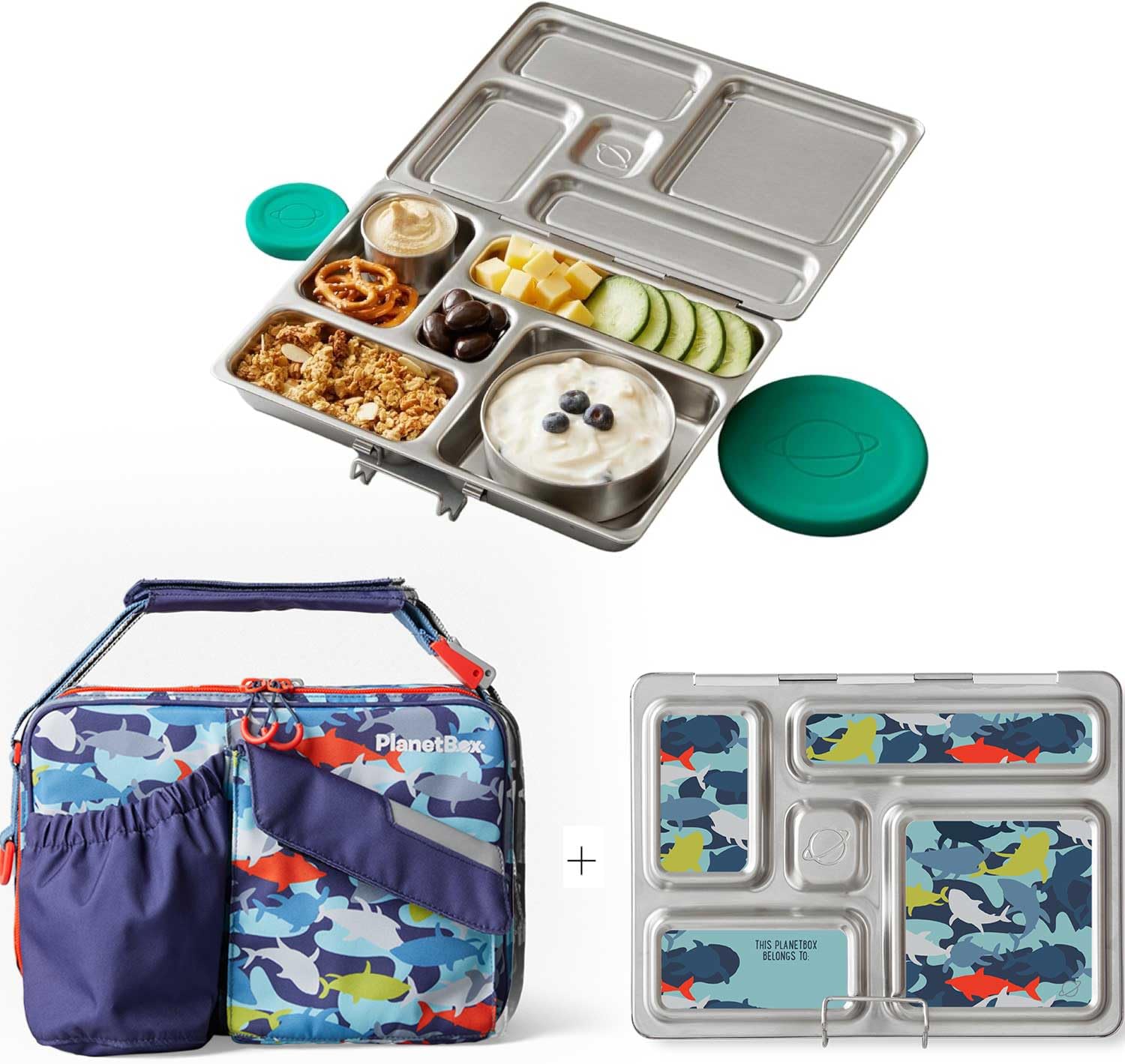 PlanetBox Rover Stainless Steel Bento Box Style Lunch Box Kit for Kids with 5 Compartments, Camo Shark Edition includes Insulated Lunch Bag, Leakproof Food Containers and Matching Magnets