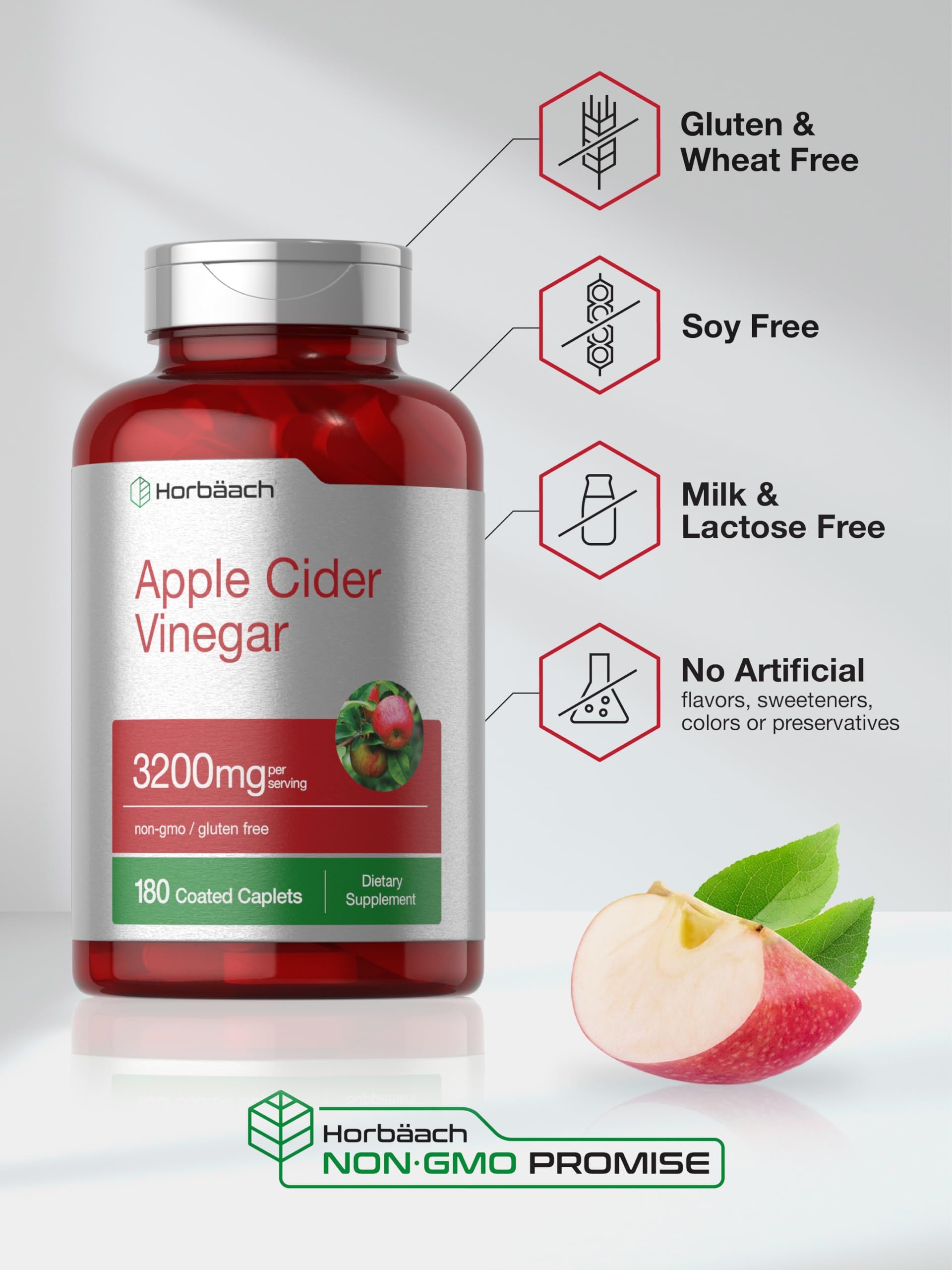 Horbäach Apple Cider Vinegar Caplets 3200mg | 180 Pills | Vegetarian, Non-GMO & Gluten Free Supplement