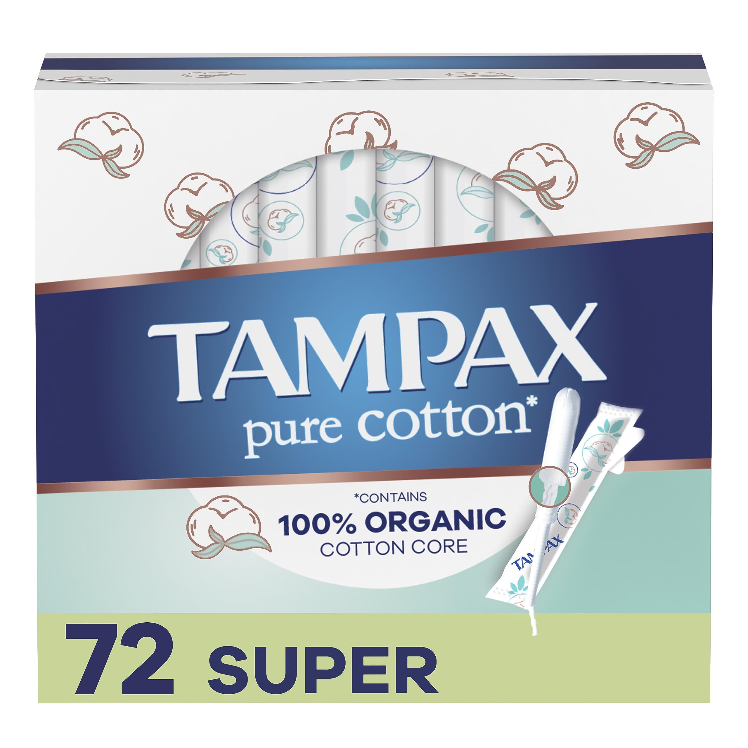 Tampax Pure Cotton Tampons, Contains 100% Organic Cotton Core, Super Absorbency, unscented, 24 Count x 3 Packs (72 Count Total)