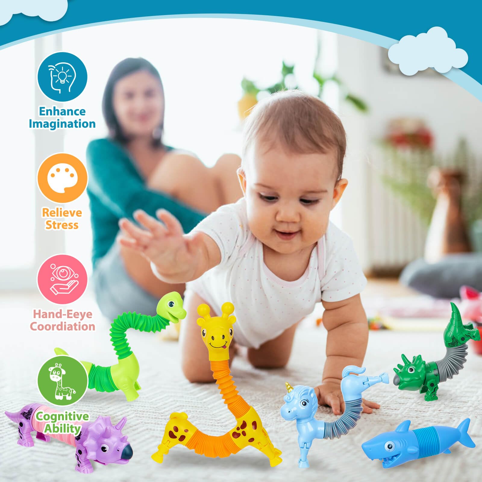 Kabvry Animal Pop Tubes Fidget Toys 10PCS, Sensory Toys for Autism & Stress Relief, Travel Toys for Car and Airplane, Christmas Stocking Stuffers for Kids & Toddlers