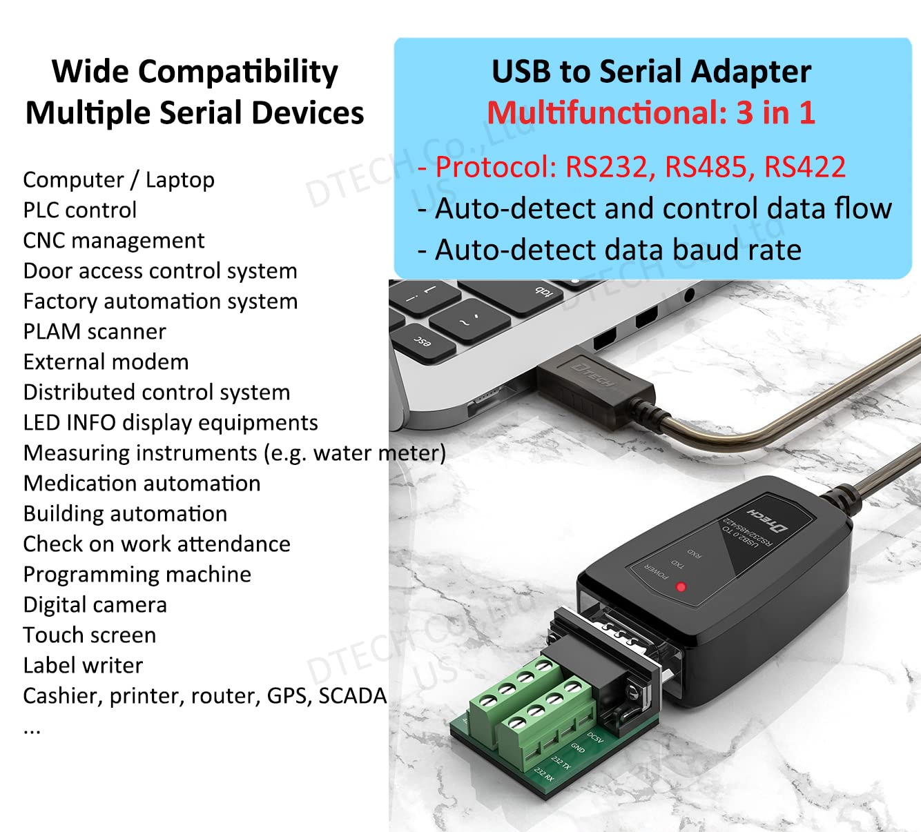 DTech USB to Serial Adapter RS422 RS485 R232 to USB Cable (3 in 1 Interface) Supports DC 5V with Breakout Board LED Lights for Multi-Kind Control Devices Windows 11 10 8 7 XP Mac (1.5ft)